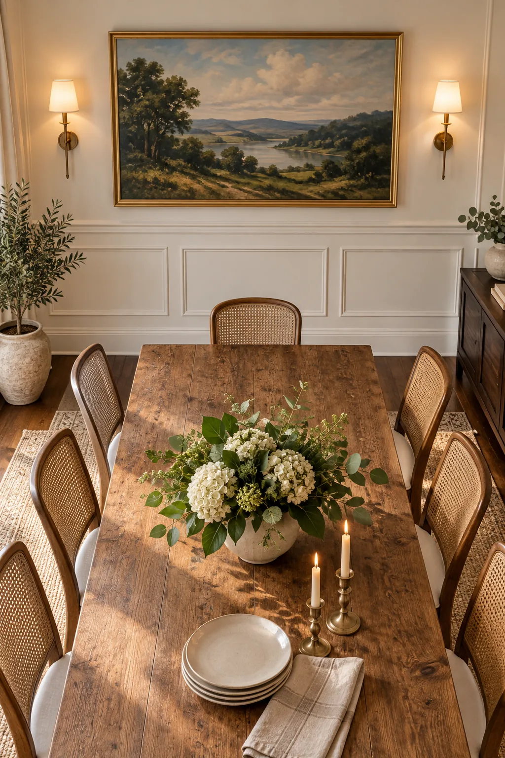 A glowing brass wall sconce mounted on white wainscoting next to a picture frame, with no visible wires.
