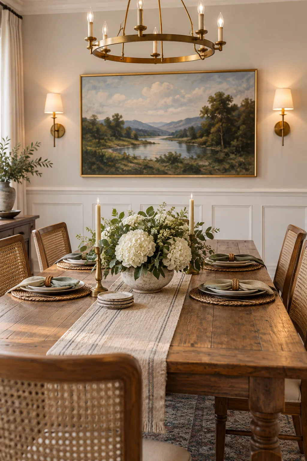 View down a set dining table with a low centerpiece, looking toward a decorated wall with art and sconces.