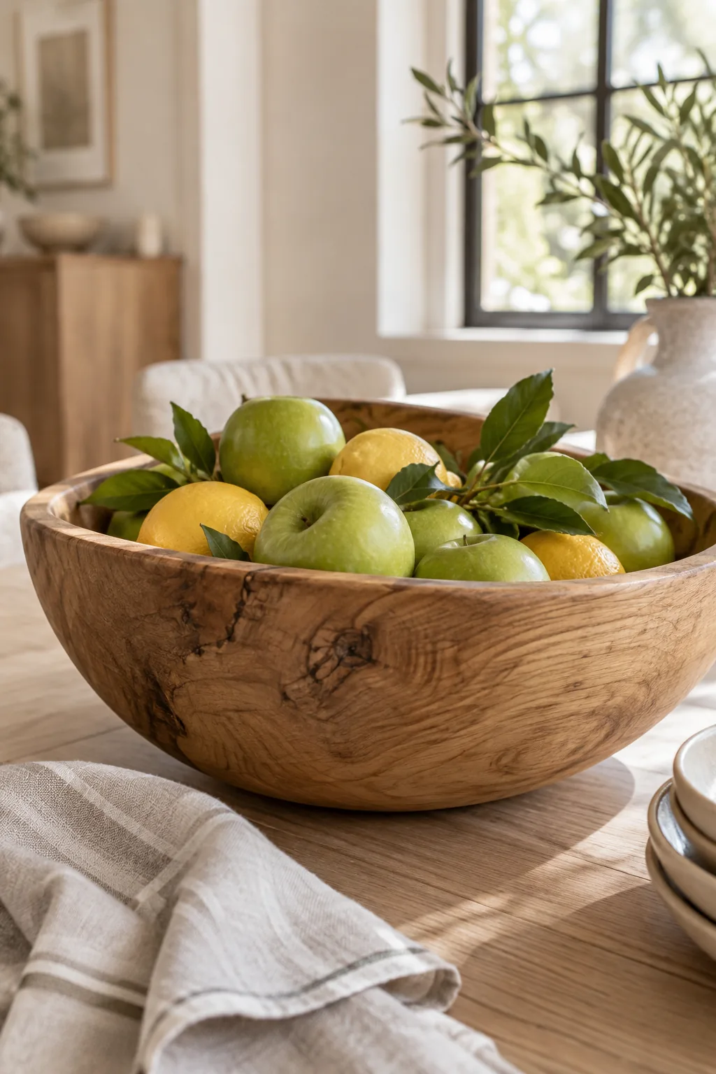 Large carved wooden bowl sitting in the center of a dining table filled with green apples