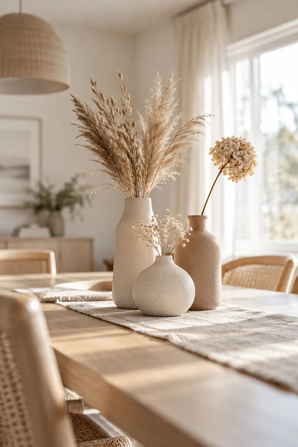 Three ceramic vases in varying heights grouped together on a bare dining table