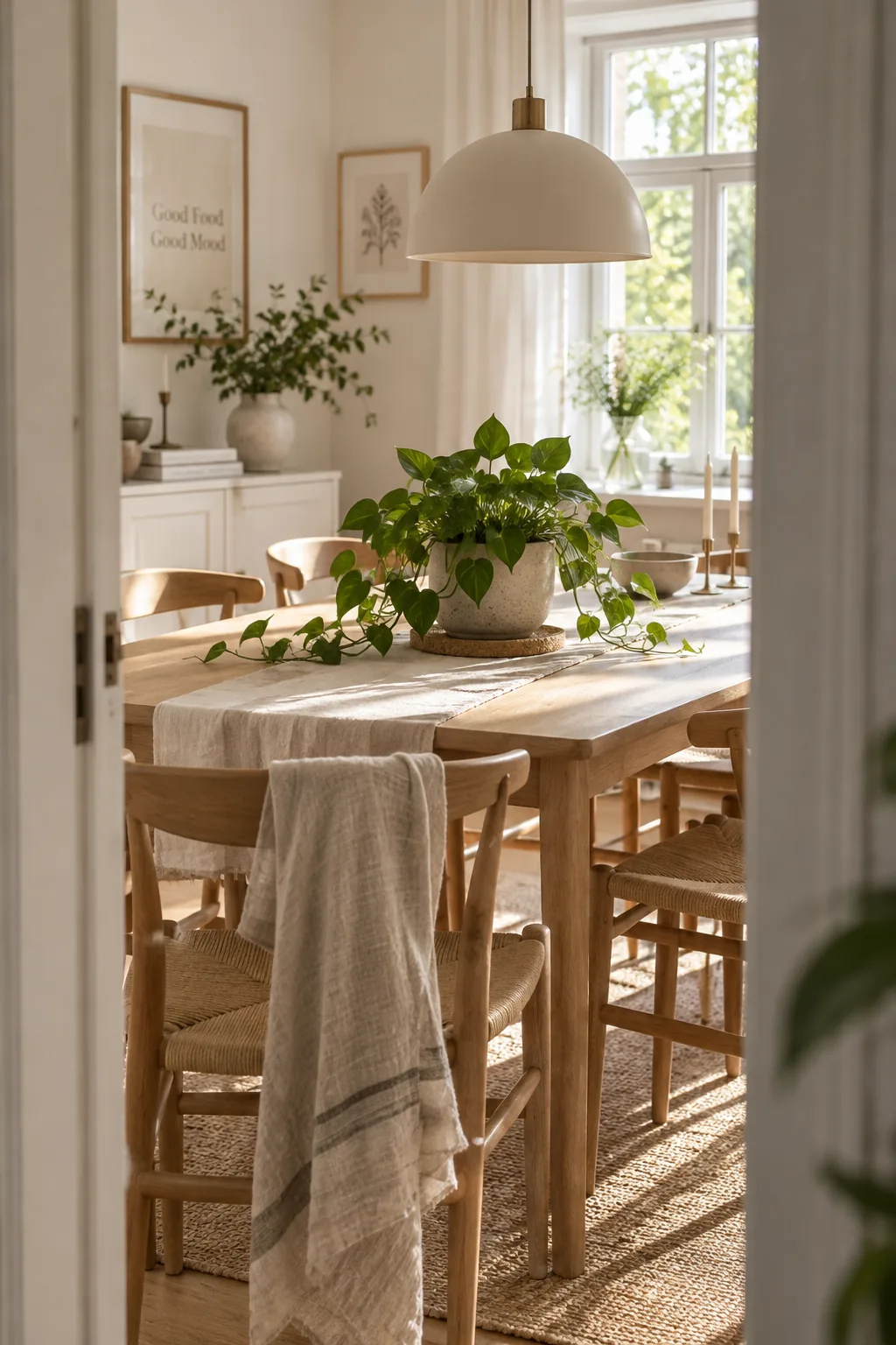 Small green pothos plant in a textured stone pot in the middle of a dining table