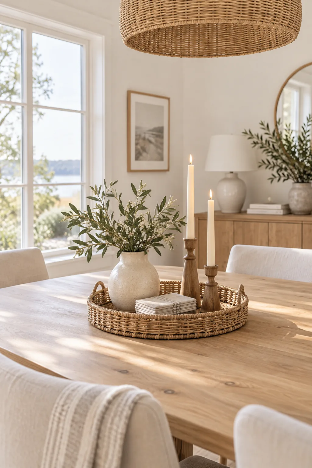 Round rattan tray holding a candle, coasters, and a small vase on a table