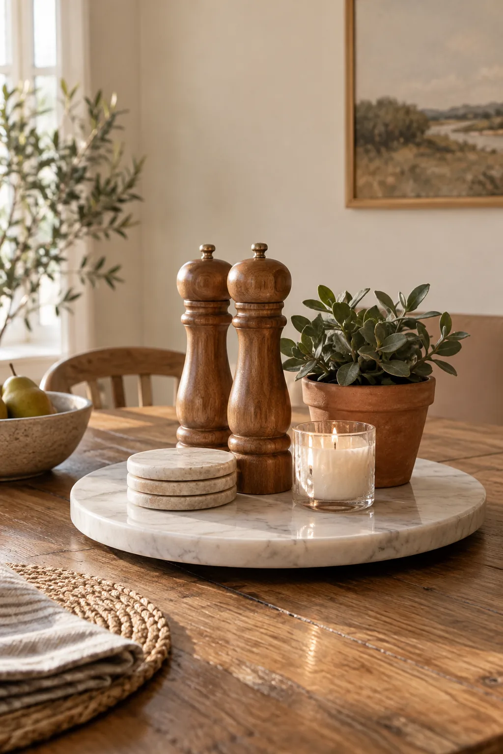 Marble lazy susan on a dining table topped with salt and pepper grinders and a small plant