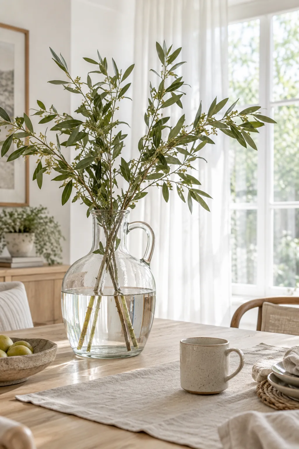 Tall clear glass jug holding tall leafy green branches on a dining table