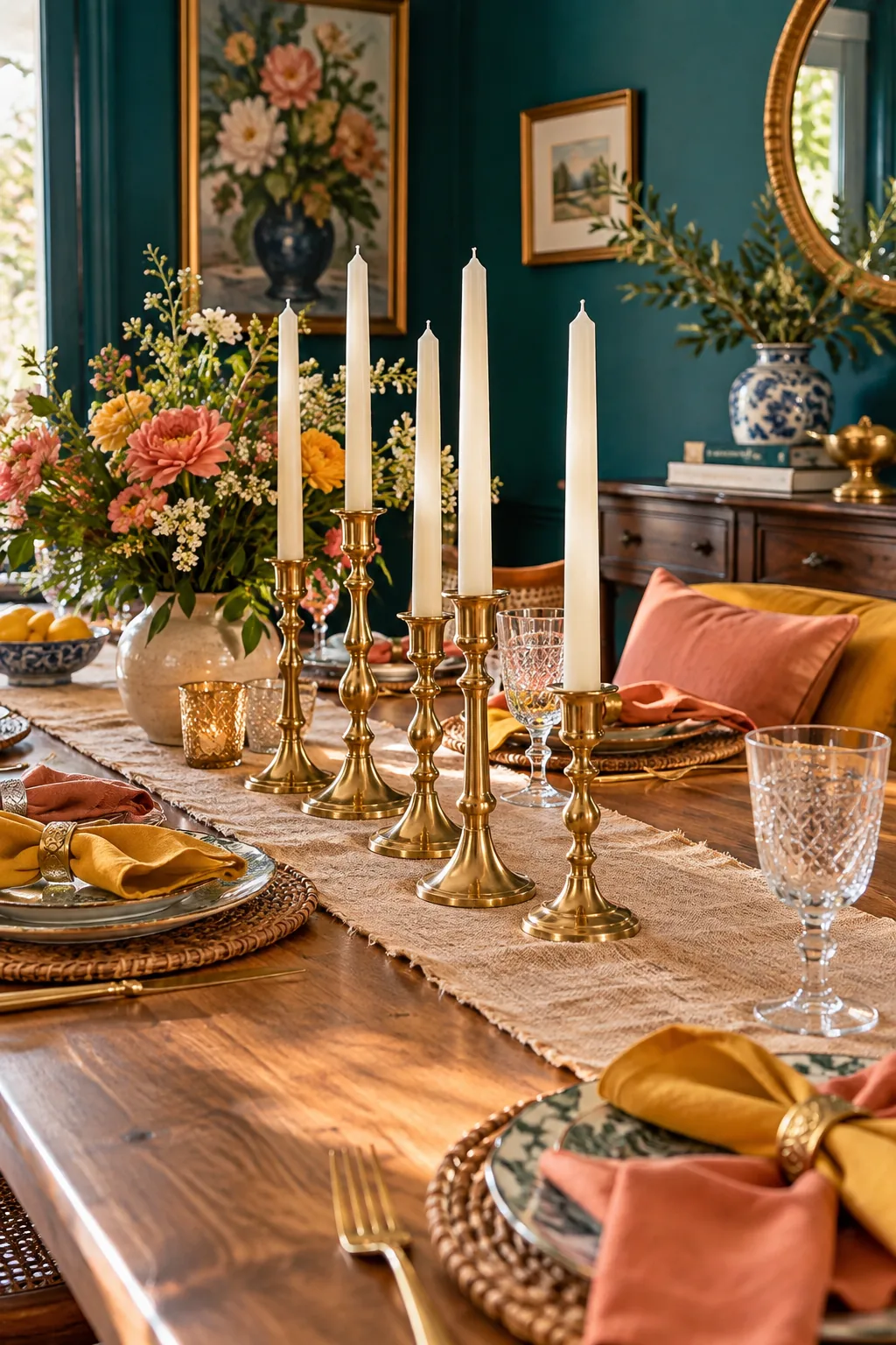 Linen table runner topped with a row of unlit brass candlesticks