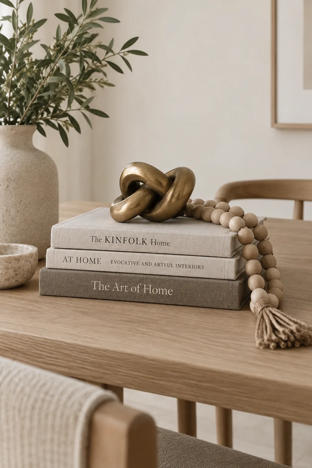 Three stacked hardcover books topped with a decorative brass knot on a dining table