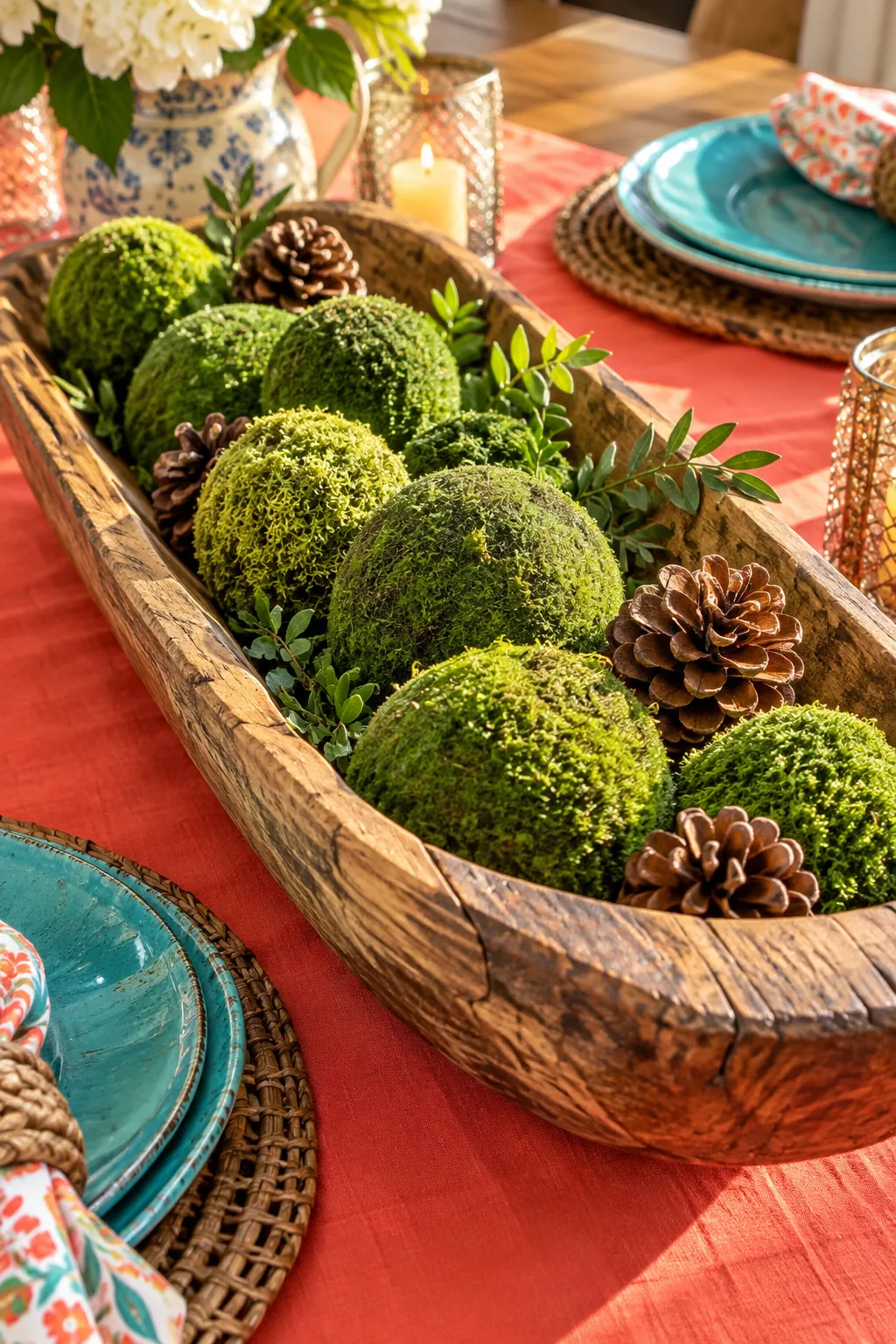 Long carved wooden dough bowl filled with green moss balls on a dining table
