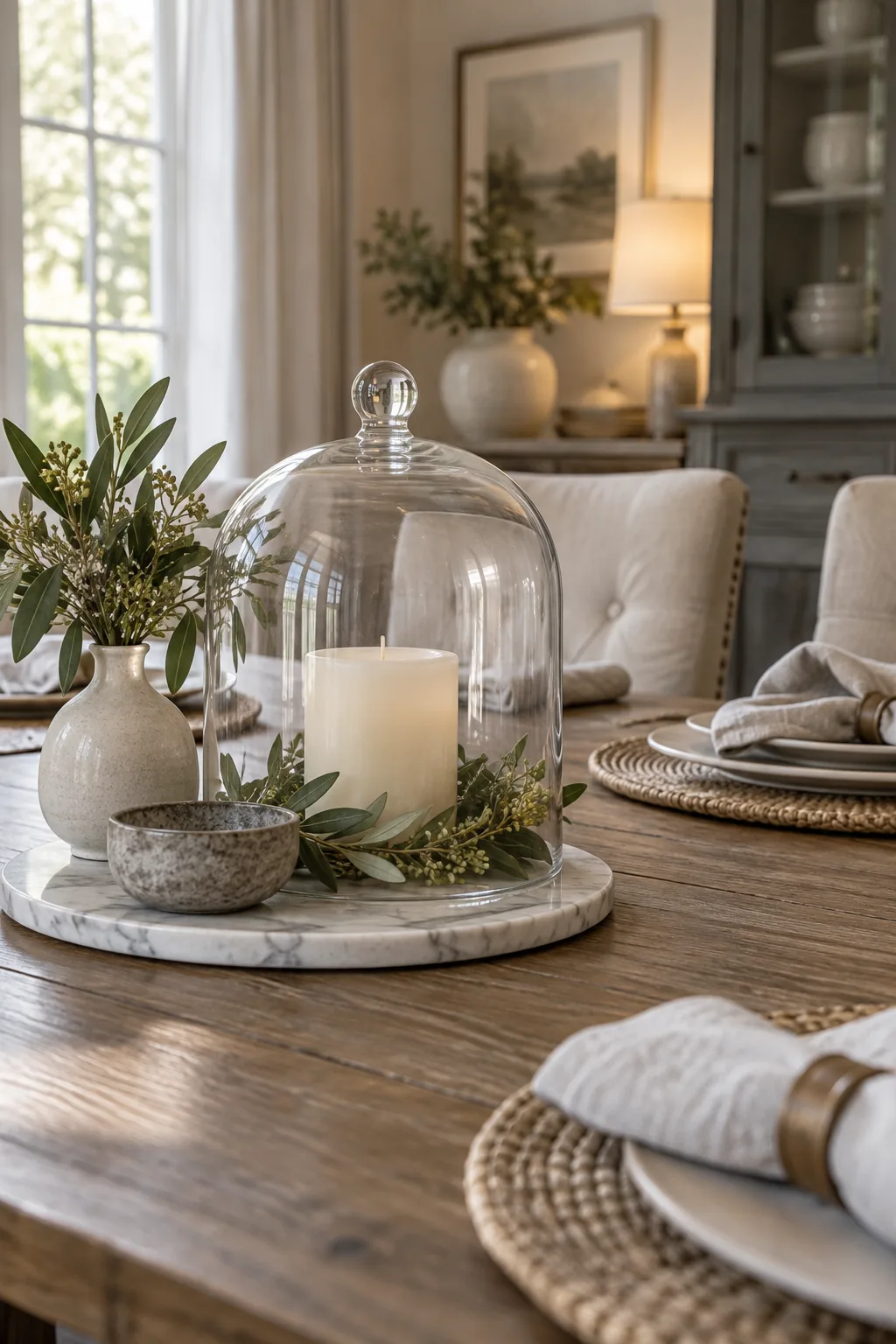 Glass cloche dome covering a large pillar candle on a dining room table