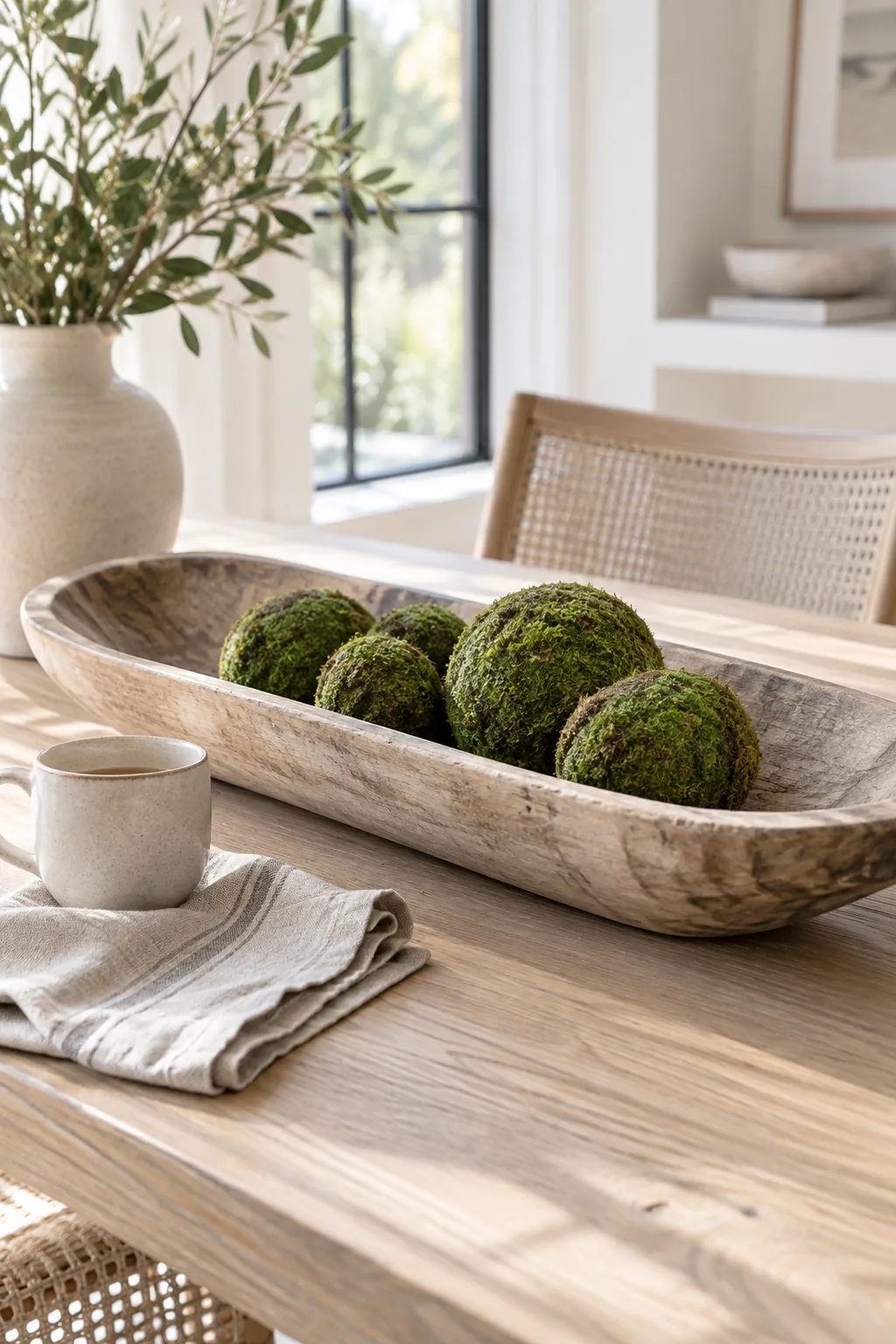 Long wooden dough bowl filled with green moss spheres on a bare dining table
