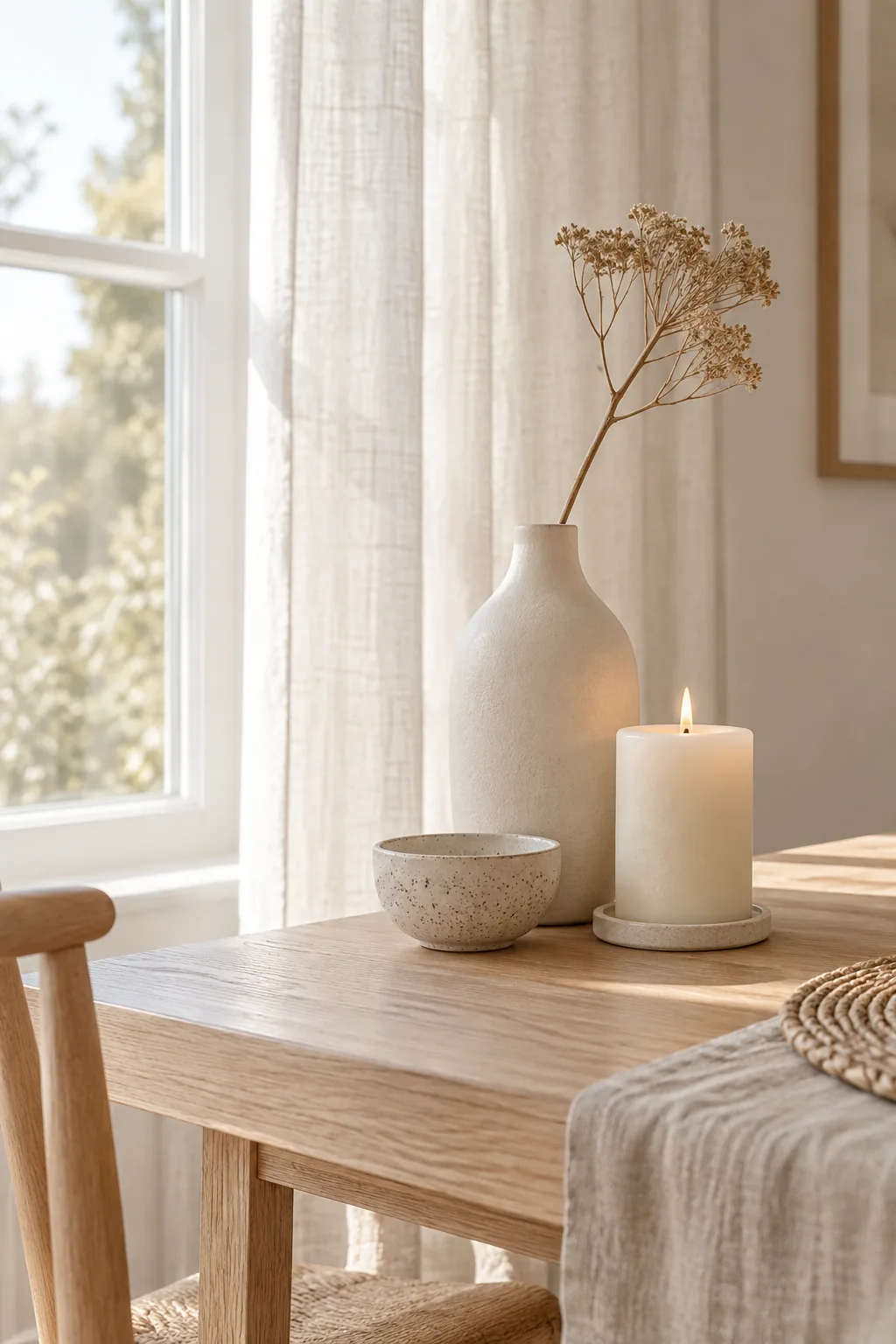 Three decorative objects of varying heights clustered in the center of a dining table