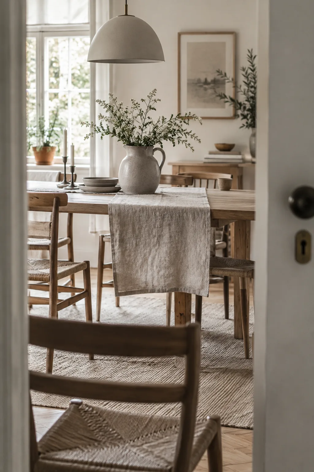 Linen table runner draped horizontally across a wooden dining table with a stoneware pitcher