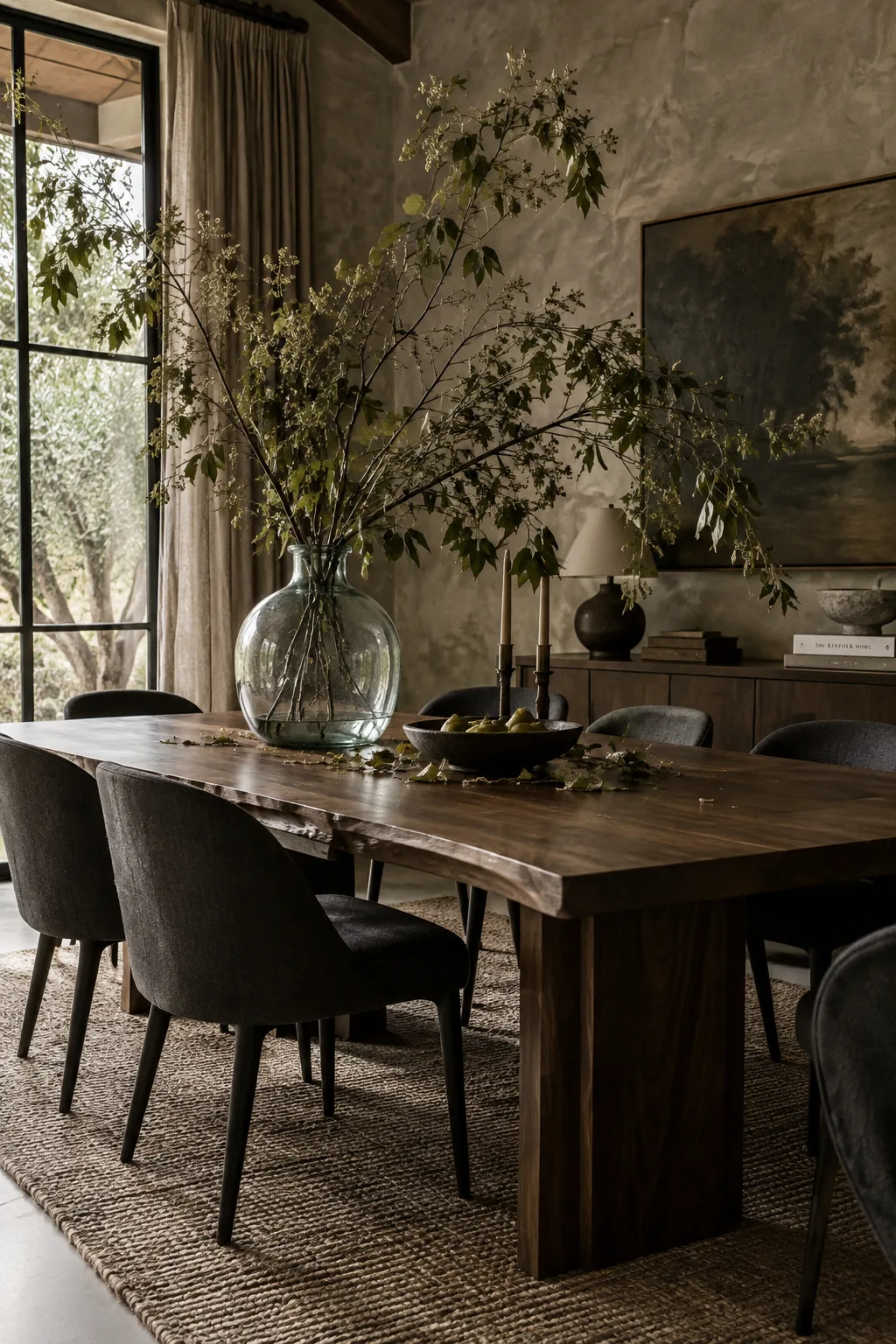Oversized clear glass jug filled with tall leafy branches on a modern dining table
