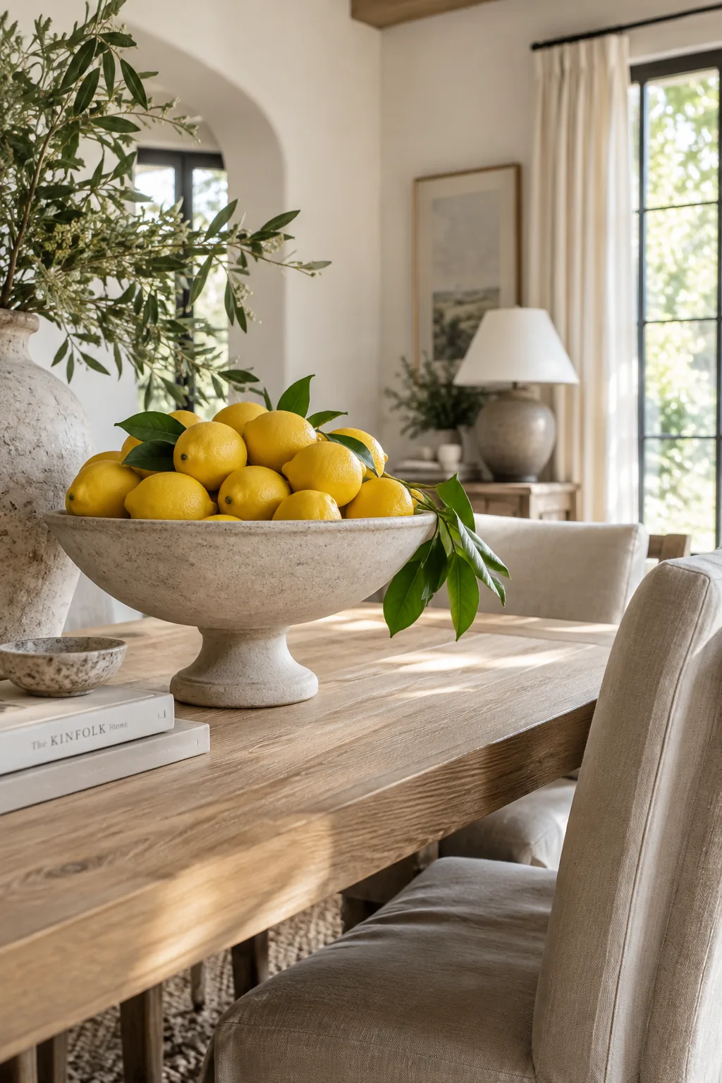 White pedestal bowl overflowing with fresh yellow lemons on a dining table