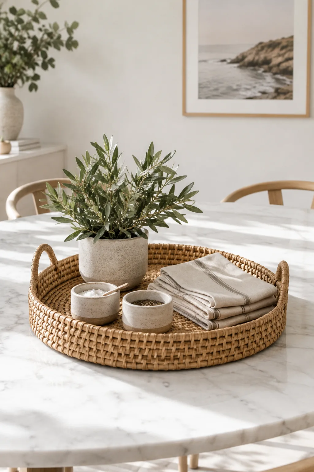 Round rattan tray holding salt cellars, napkins, and a small potted plant on a marble table