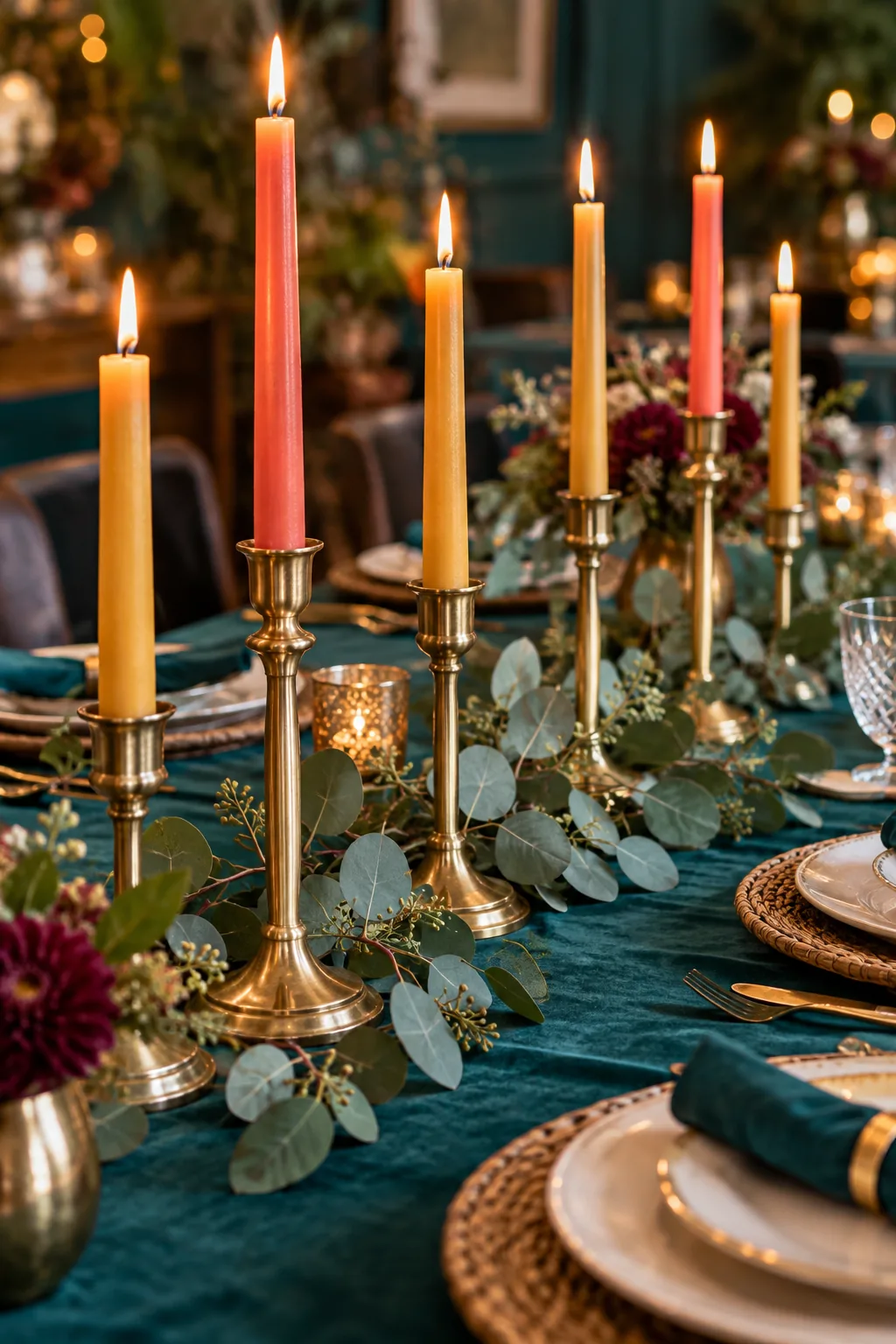 Multiple brass taper candle holders of different heights lined up down a dining table