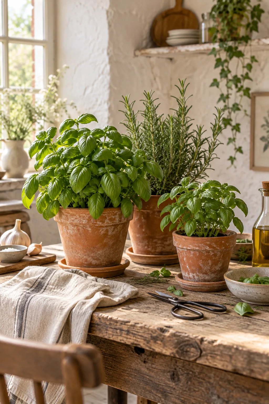Three small terra cotta pots holding fresh basil and rosemary on a kitchen table