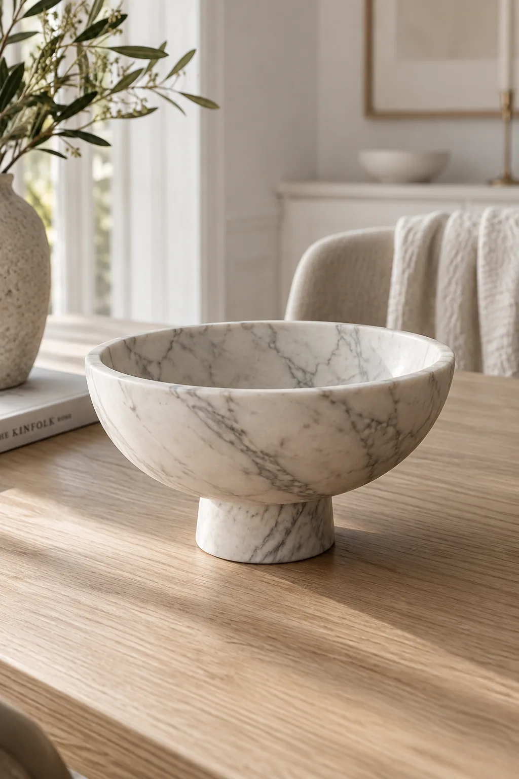 Empty footed marble bowl sitting in the center of a minimalist dining table