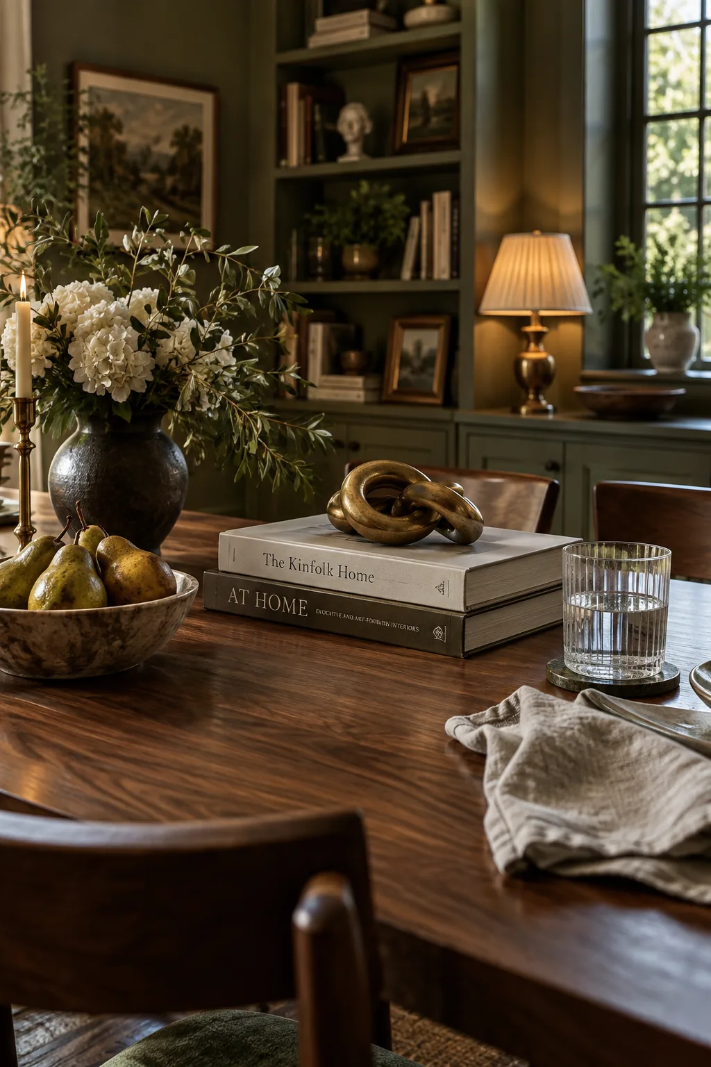 Three design books stacked on a dining table topped with a decorative brass knot