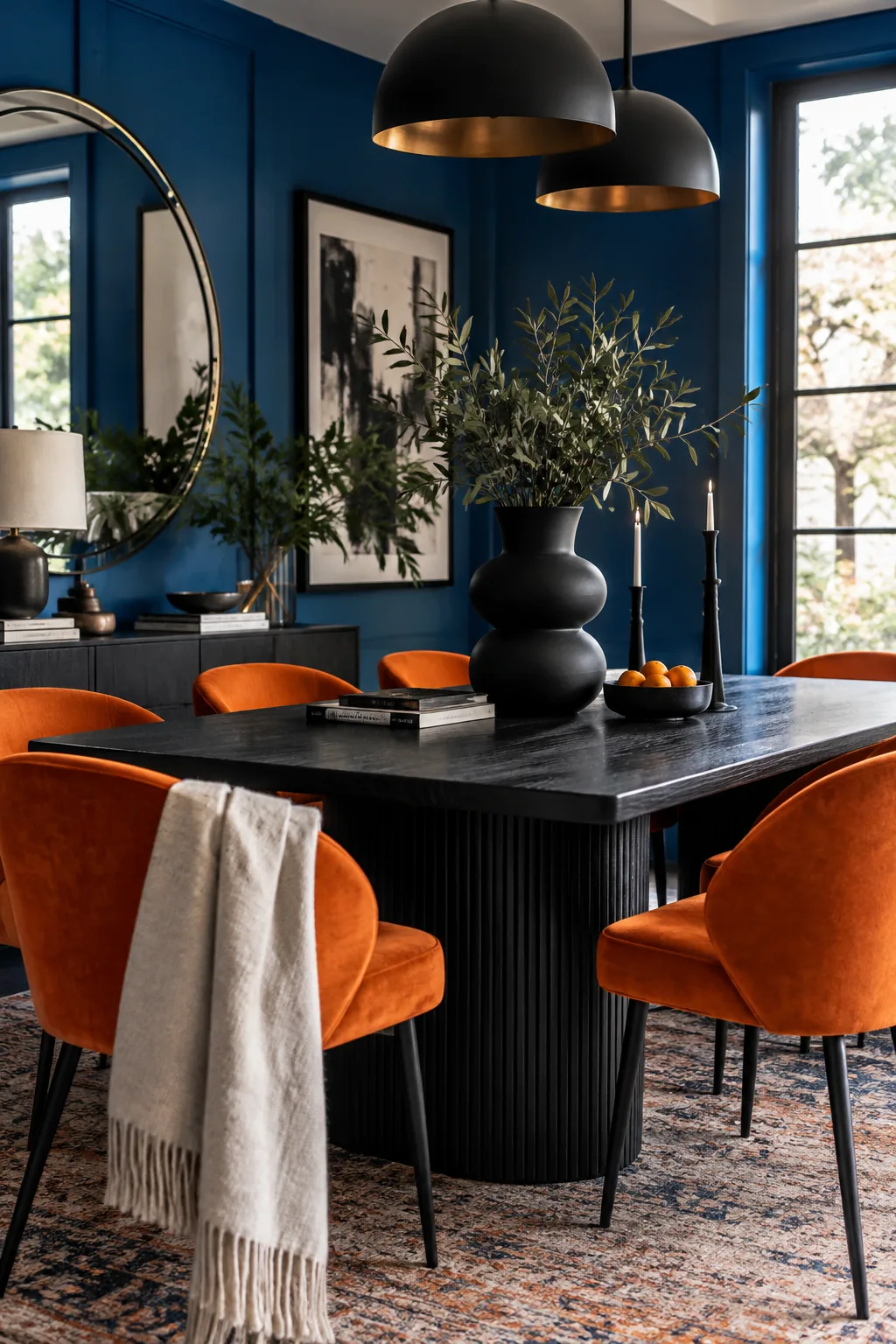 Matte black ceramic vase sitting on a black wooden dining table