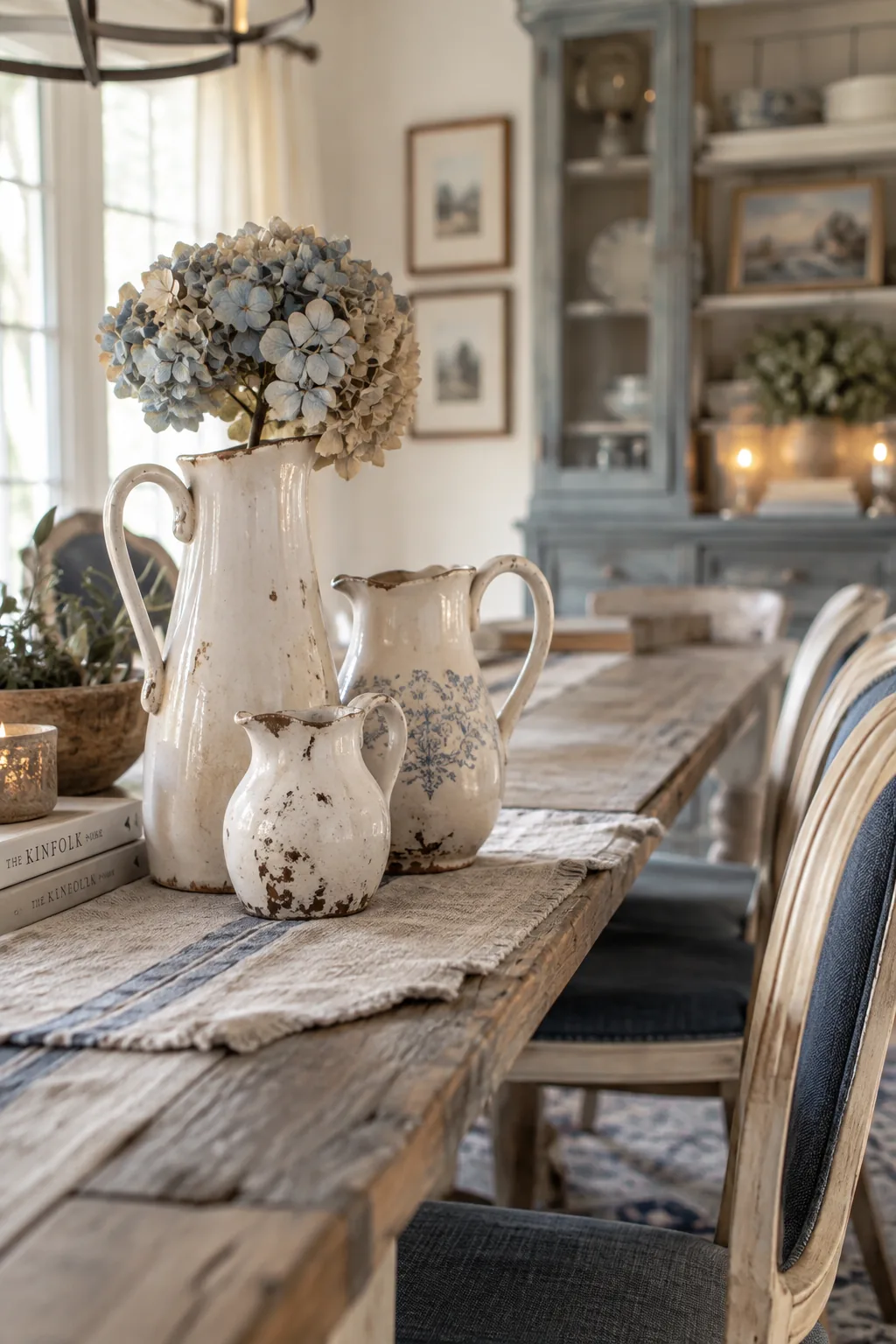 Three white vintage ironstone pitchers clustered together on a dining table