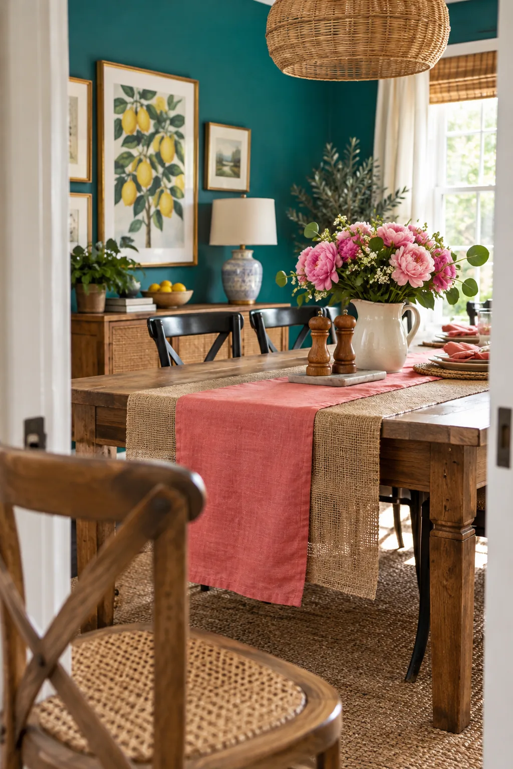 Dining table with a wide burlap runner underneath a narrower white linen runner