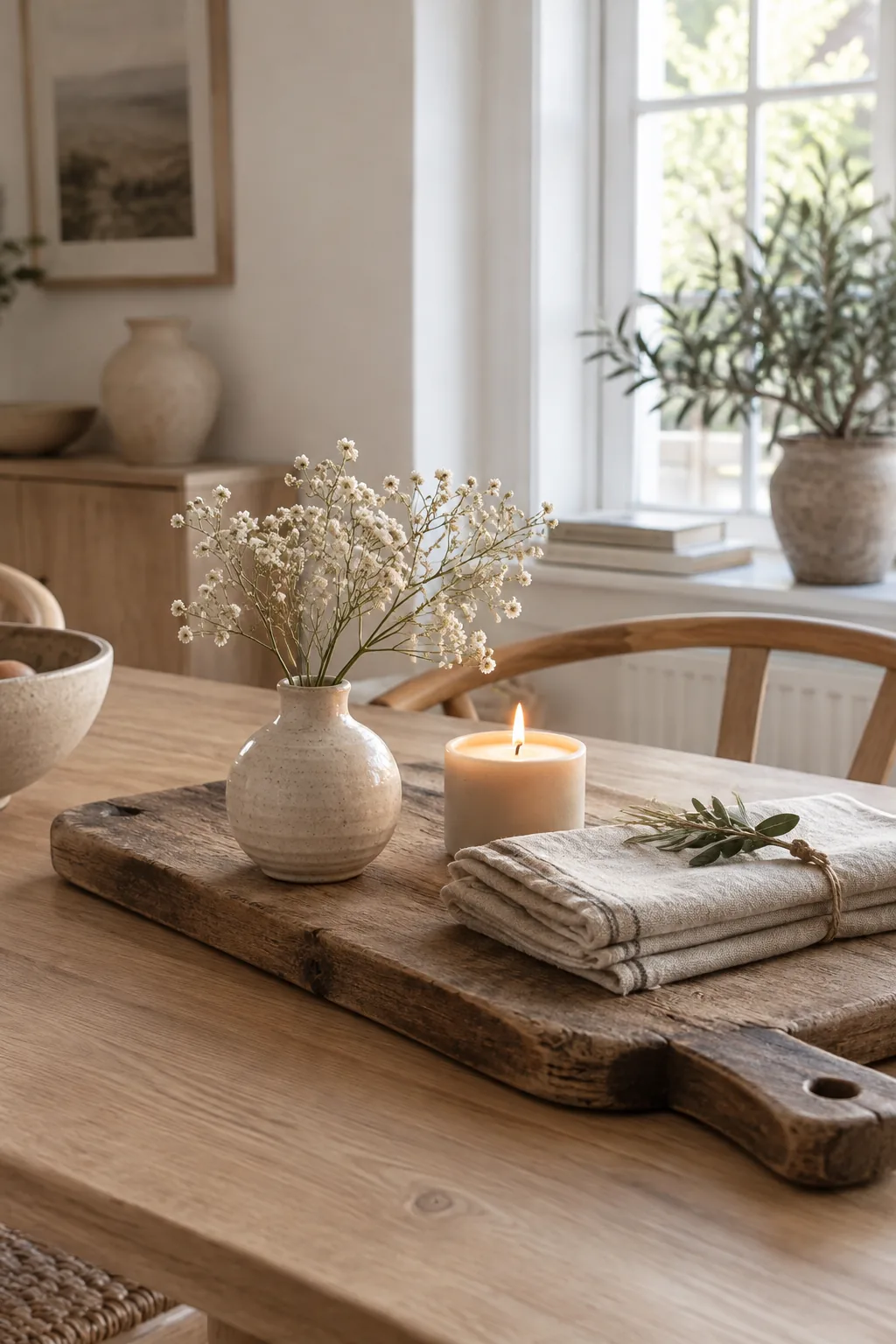 Large wooden cutting board on a dining table holding a small vase, candle, and napkins