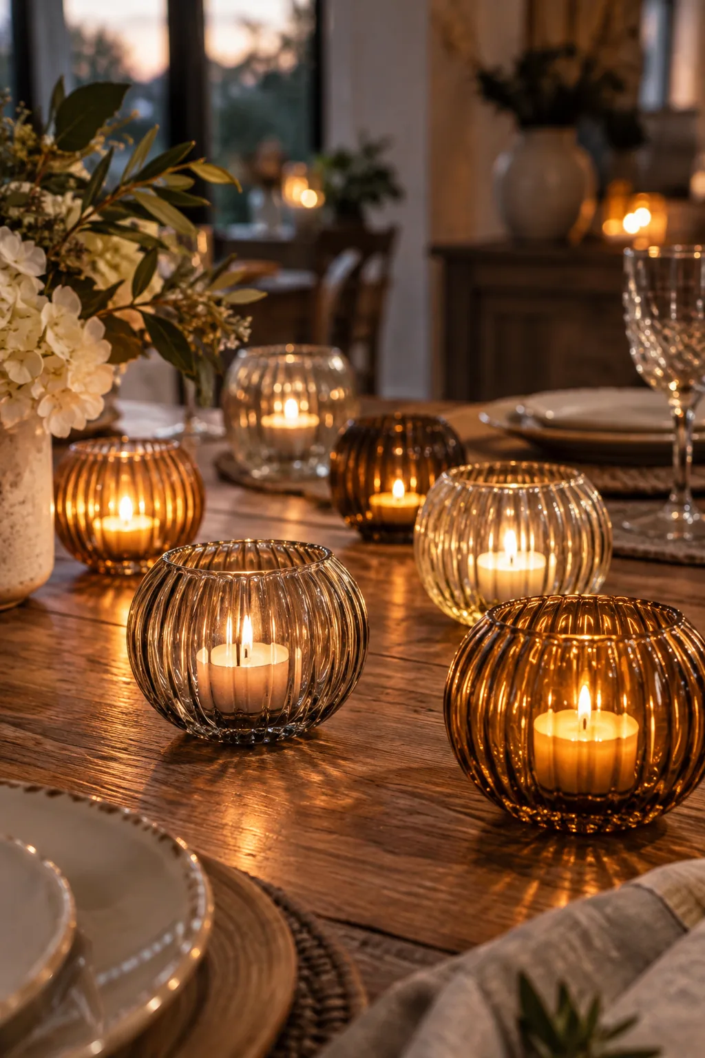 Several small ribbed glass candle votives scattered down the center of a dining table