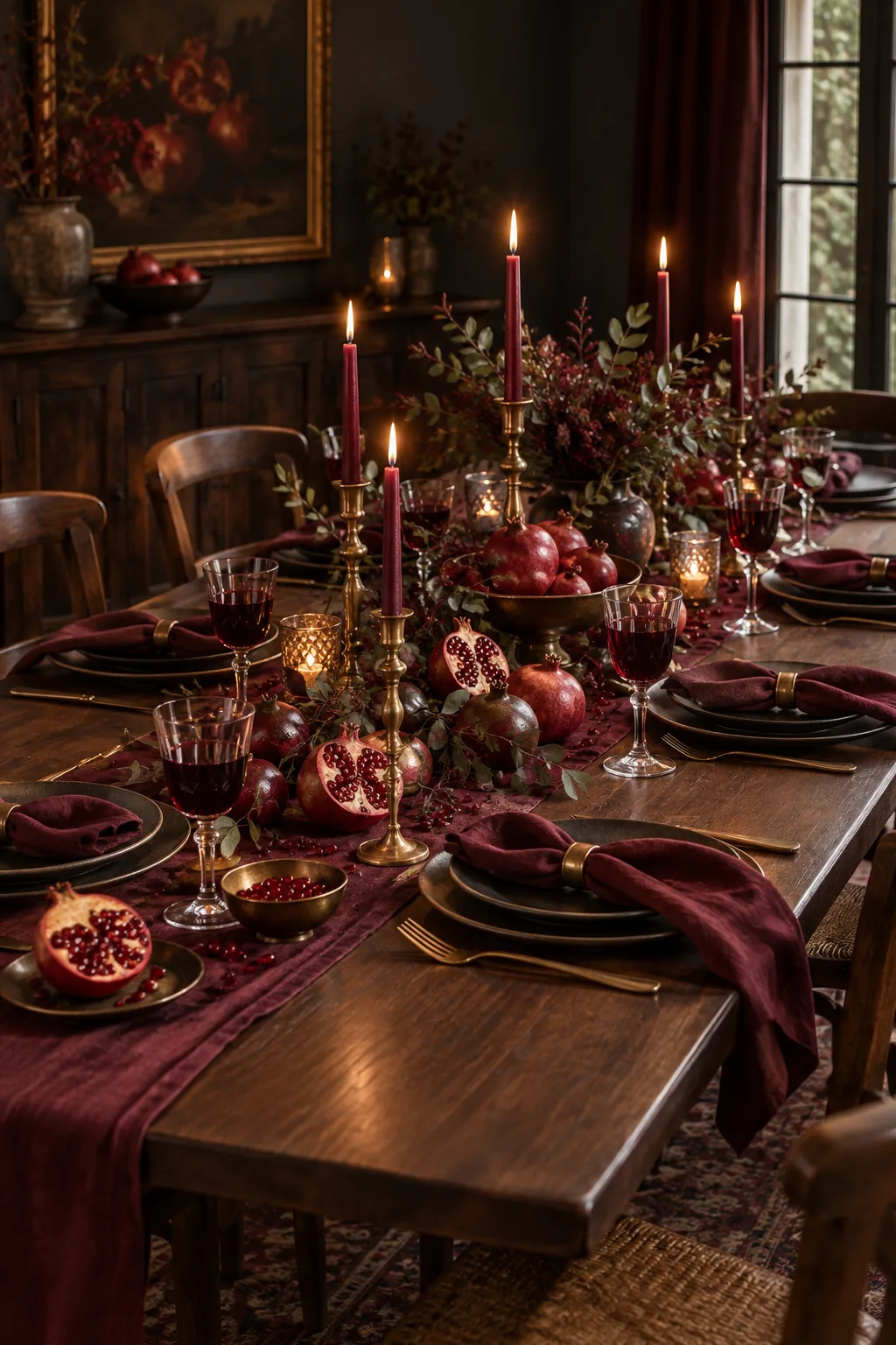 A moody dining table setting featuring pomegranates, brass candlesticks, and burgundy napkins on dark wood.