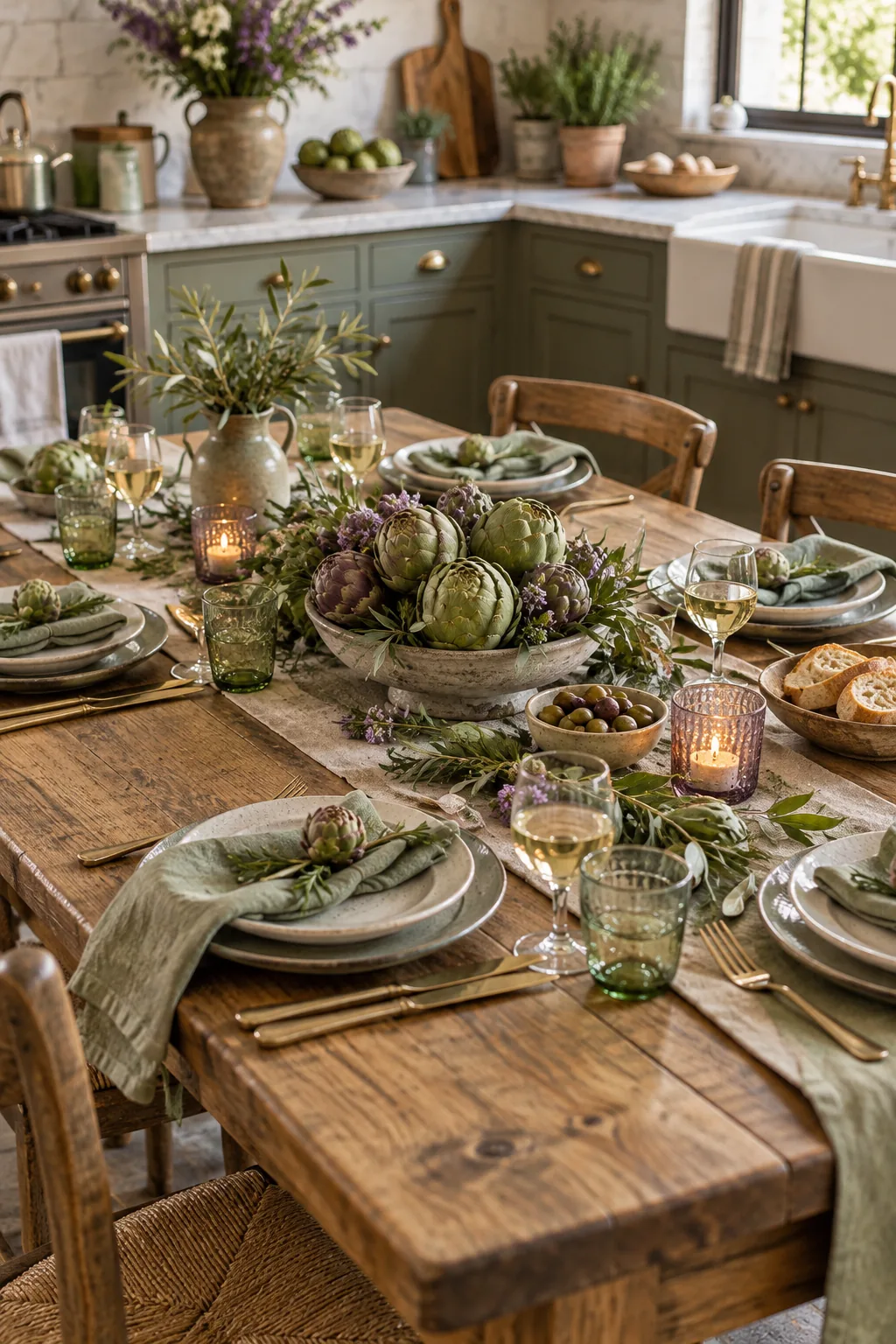 A rustic farmhouse table setting featuring whole artichokes, sage greens, and stoneware plates.