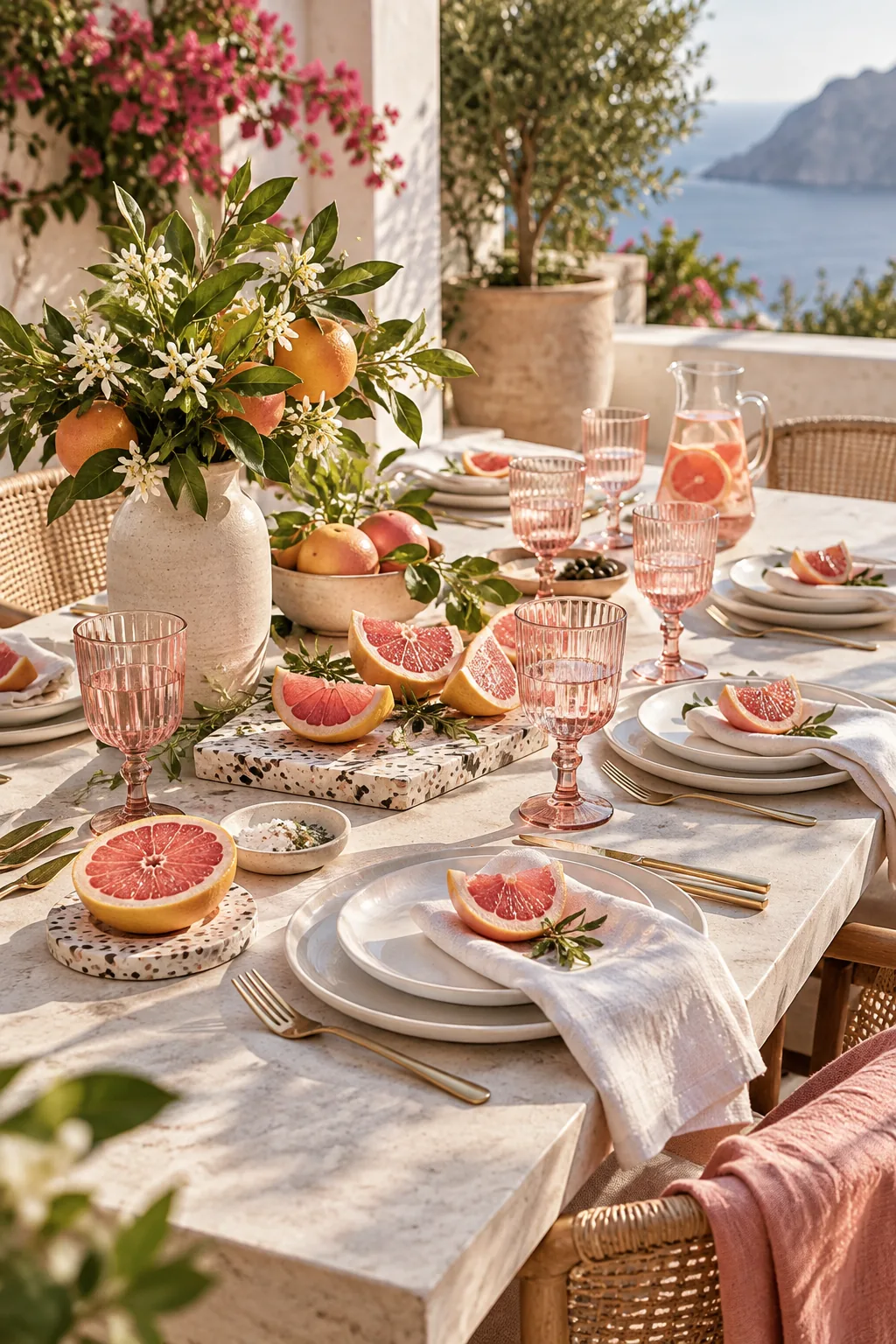 A bright patio table setting featuring sliced pink grapefruits, terrazzo boards, and pale pink glassware.