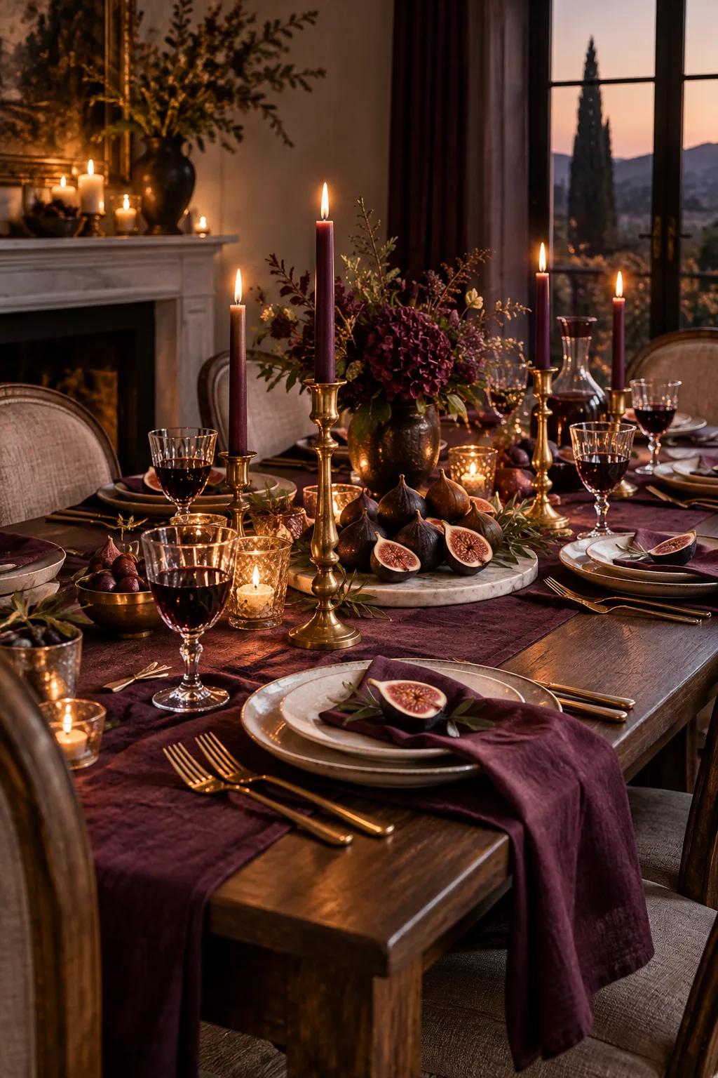 An elegant twilight table setting featuring dark purple figs, gold flatware, and plum runners on marble.