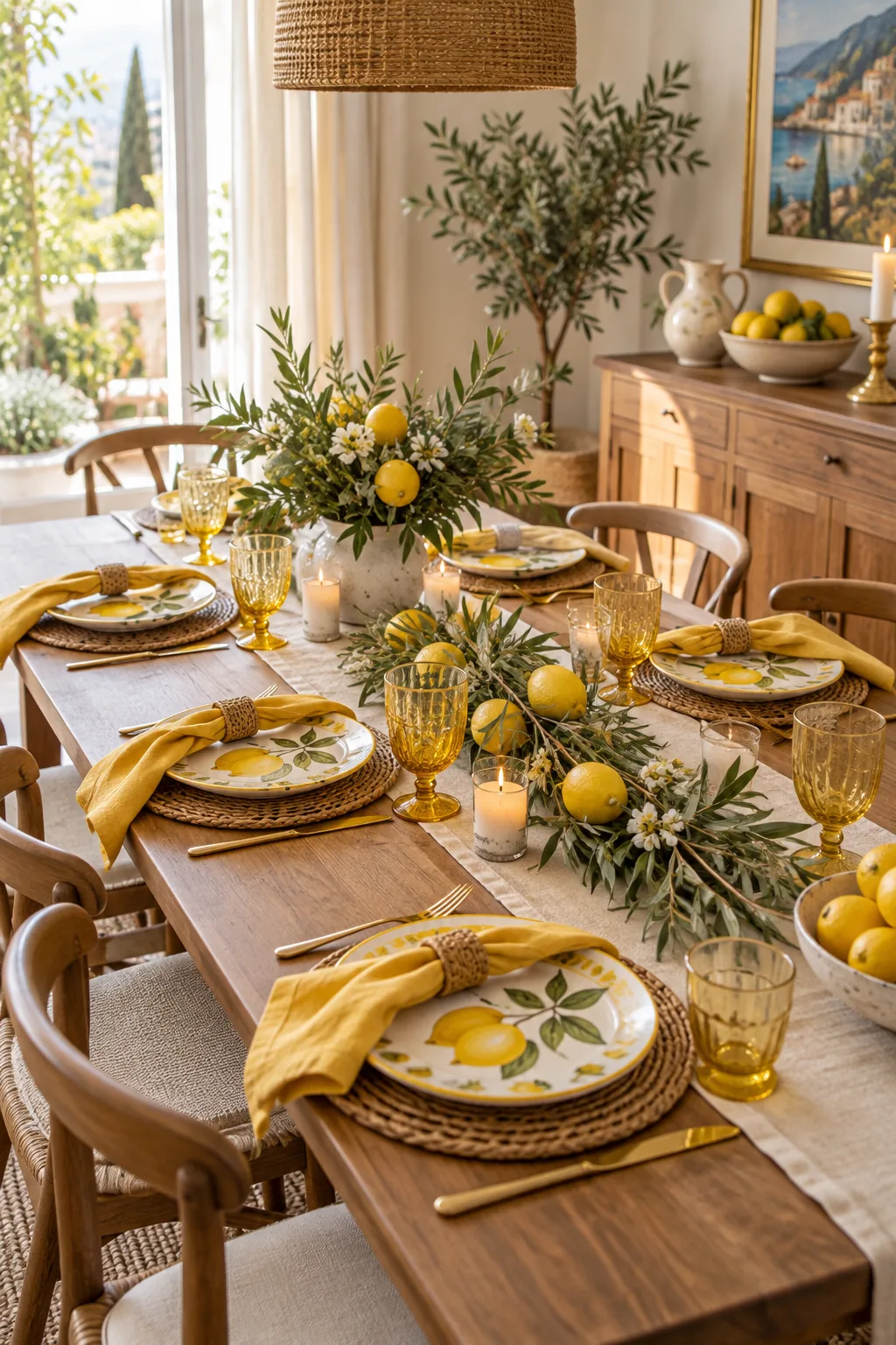An elevated view of a dining table set for six with a cohesive yellow lemon theme across the plates and linens.