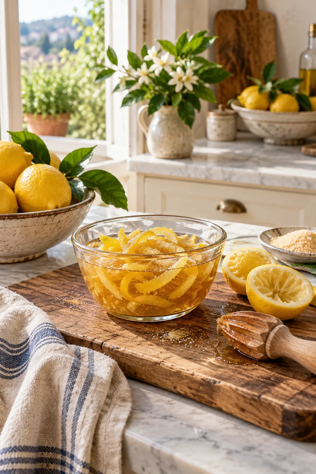 A glass bowl of lemon peels macerating in golden sugar syrup on a wooden cutting board.
