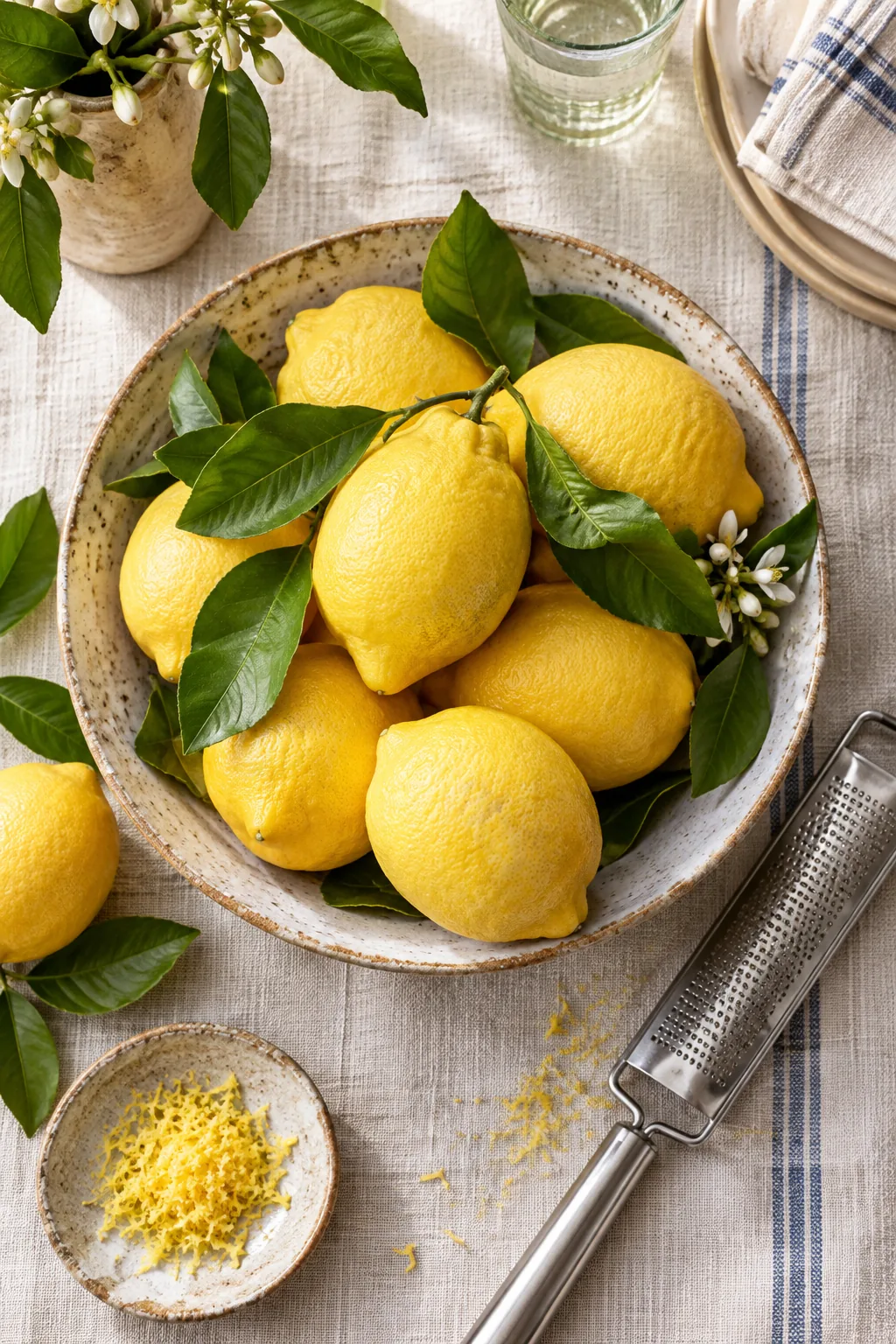 A shallow ceramic bowl filled with fresh lemons and leaves, with a microplane resting beside it on a linen tablecloth.