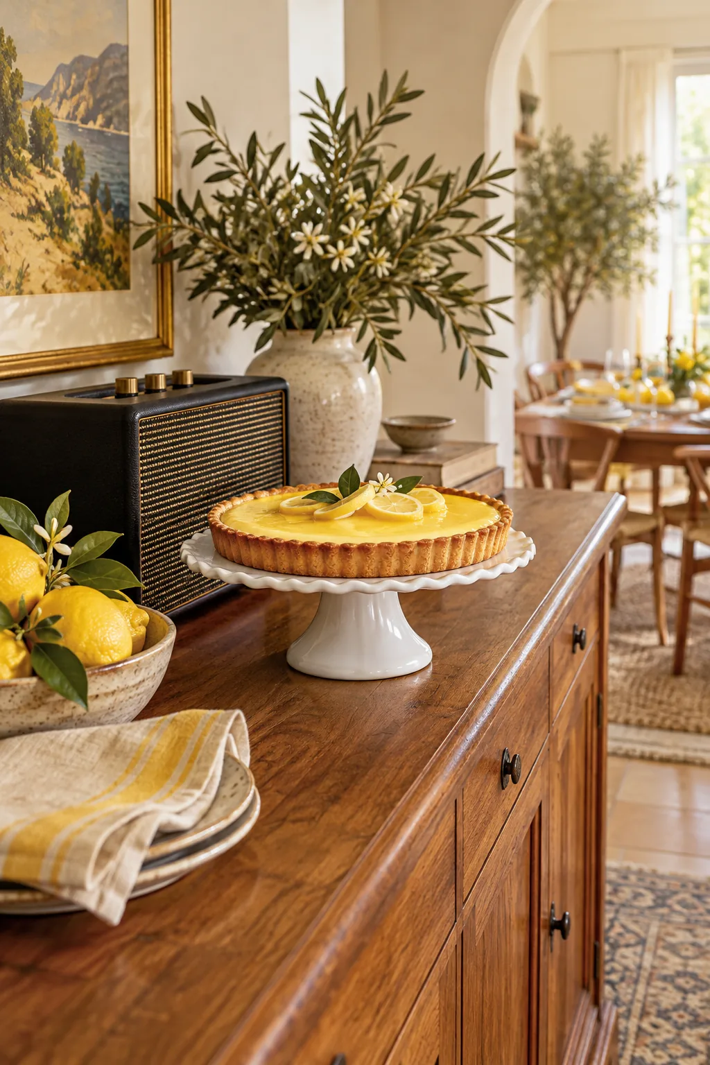 A vintage-style black speaker sitting on a wooden sideboard next to a lemon tart on a cake stand.