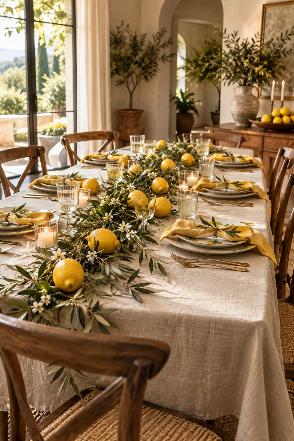 An overhead view of a long dining table with a scattered runner of lemons and olive branches.