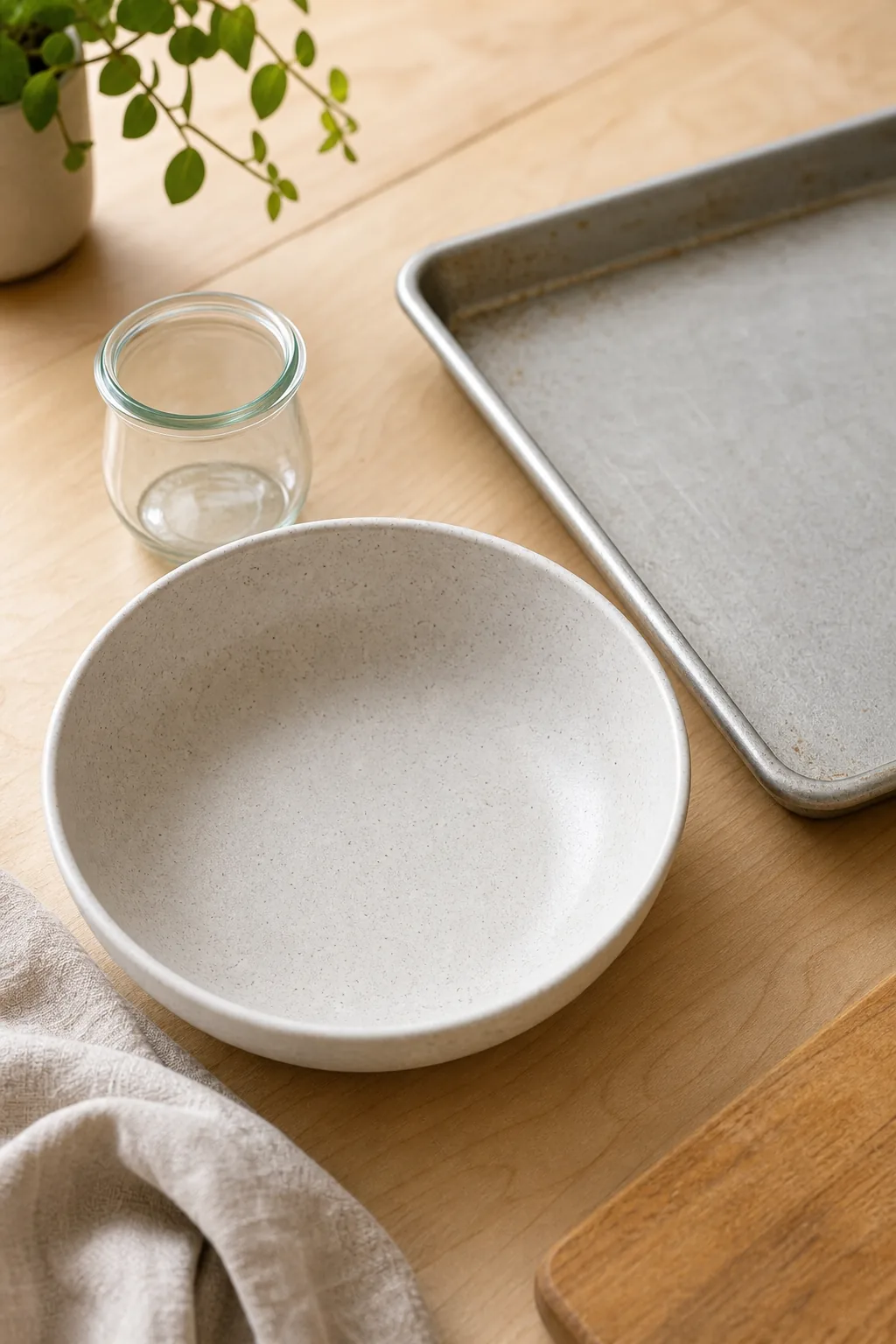 Overhead view of an empty ceramic bowl, a small glass jar, and a bare baking sheet arranged on a wooden table.