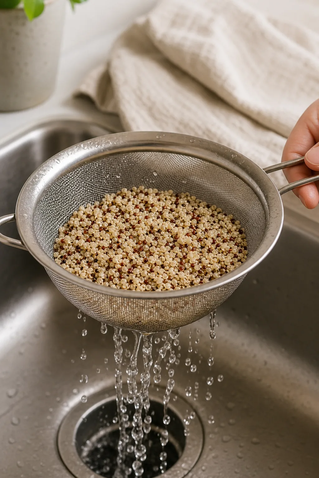 Close-up of wet quinoa draining in a fine metal mesh sieve over a stainless steel sink.
