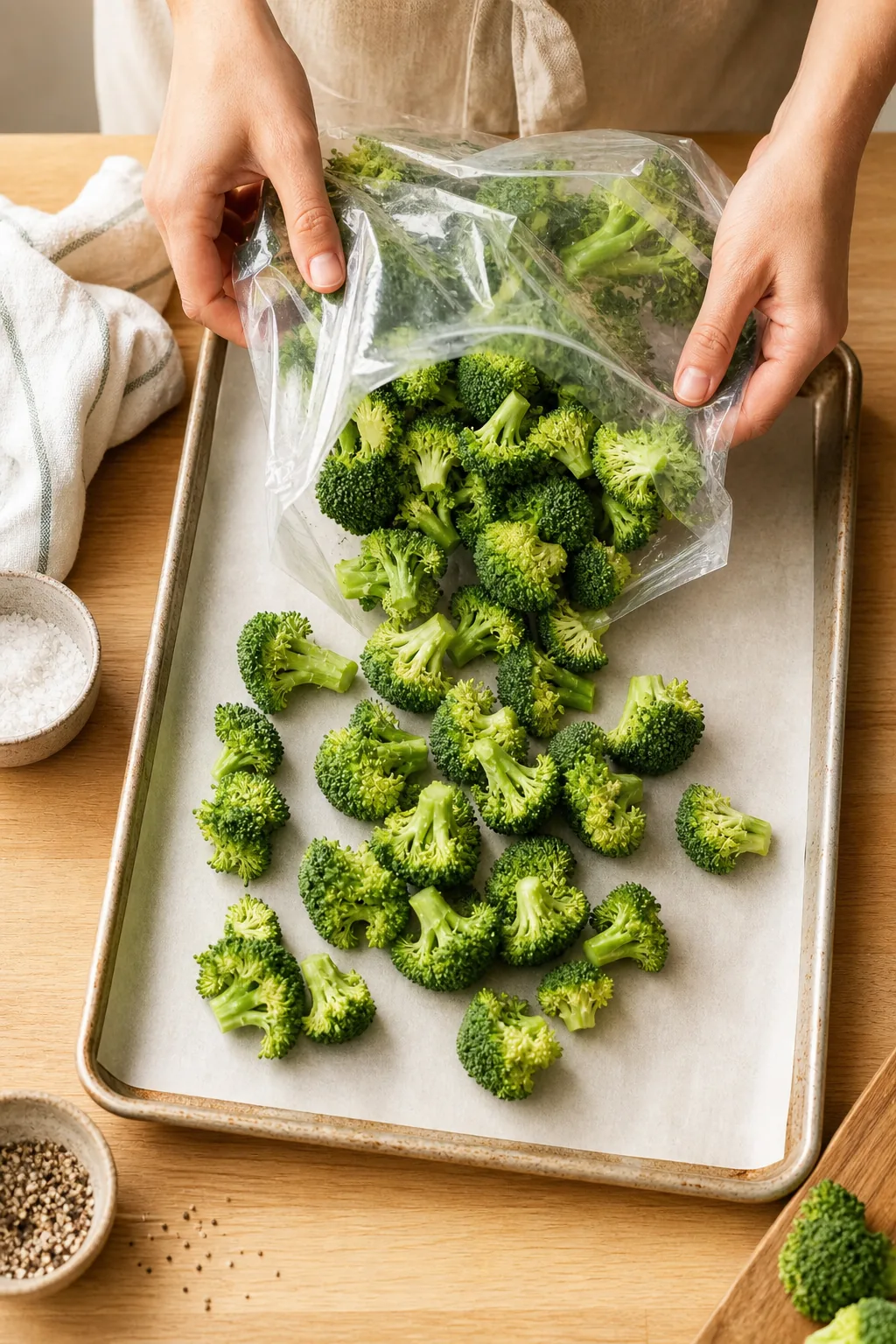 Hands pouring fresh broccoli florets from a clear plastic bag onto a parchment-lined baking sheet.