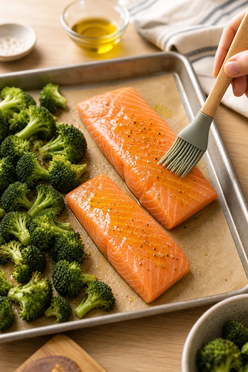 Two raw salmon fillets placed next to raw broccoli on a baking sheet, being brushed with oil.