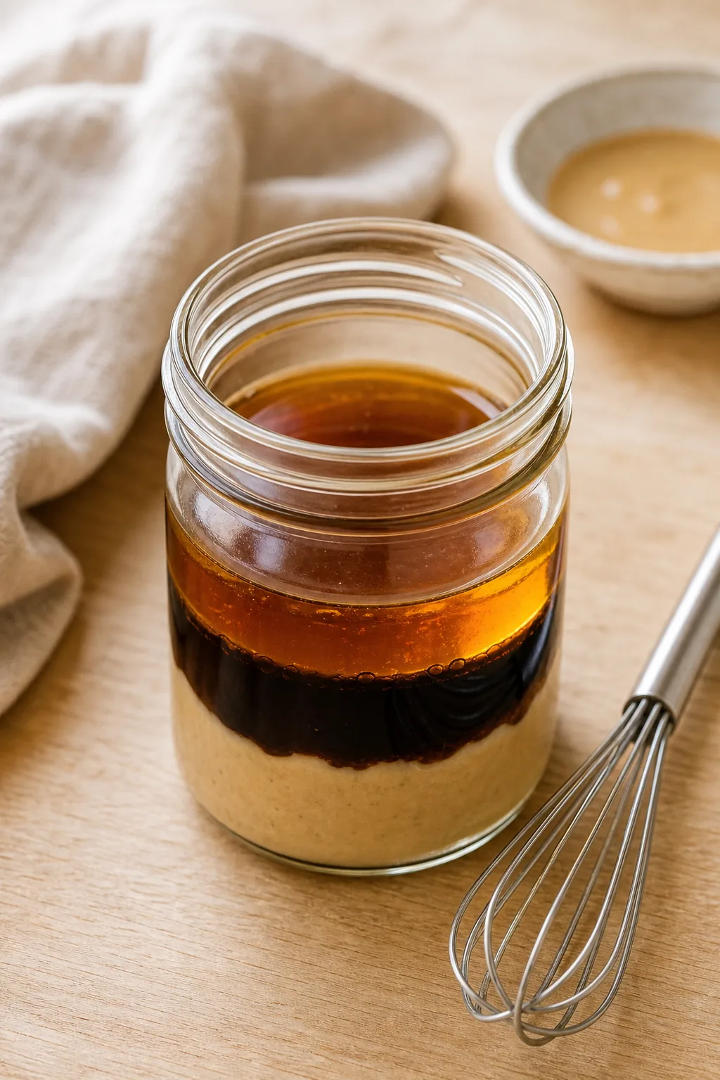 Small glass jar containing unmixed layers of tahini, dark soy sauce, and maple syrup.