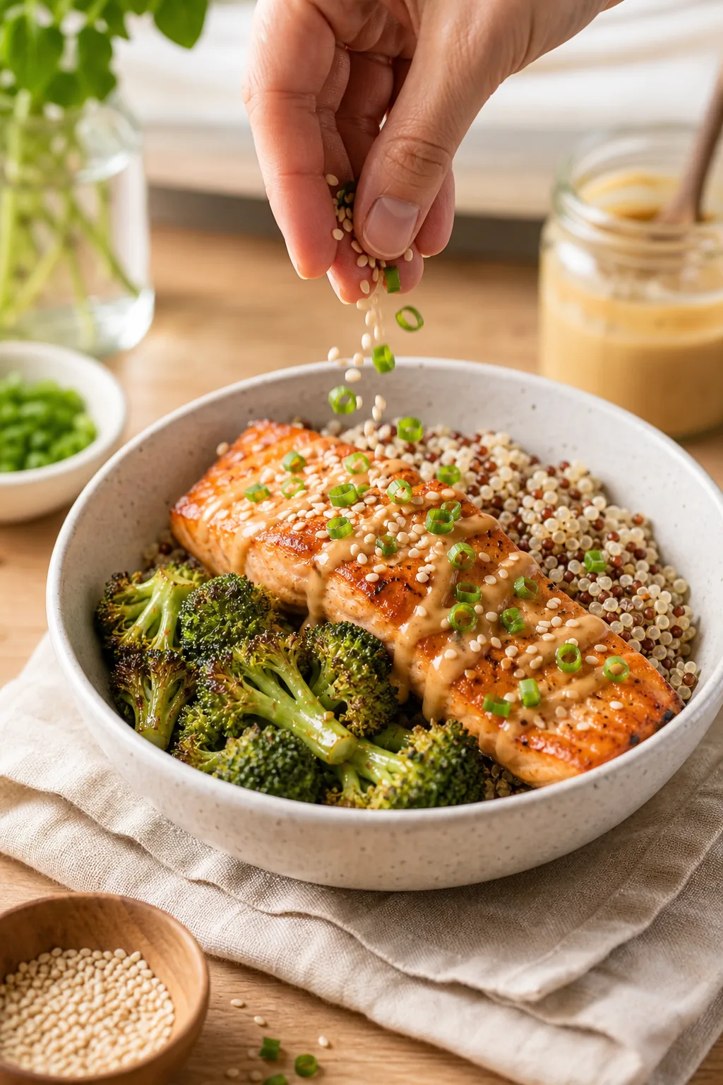 Fingers sprinkling white sesame seeds and sliced green onions over a finished salmon and quinoa bowl.