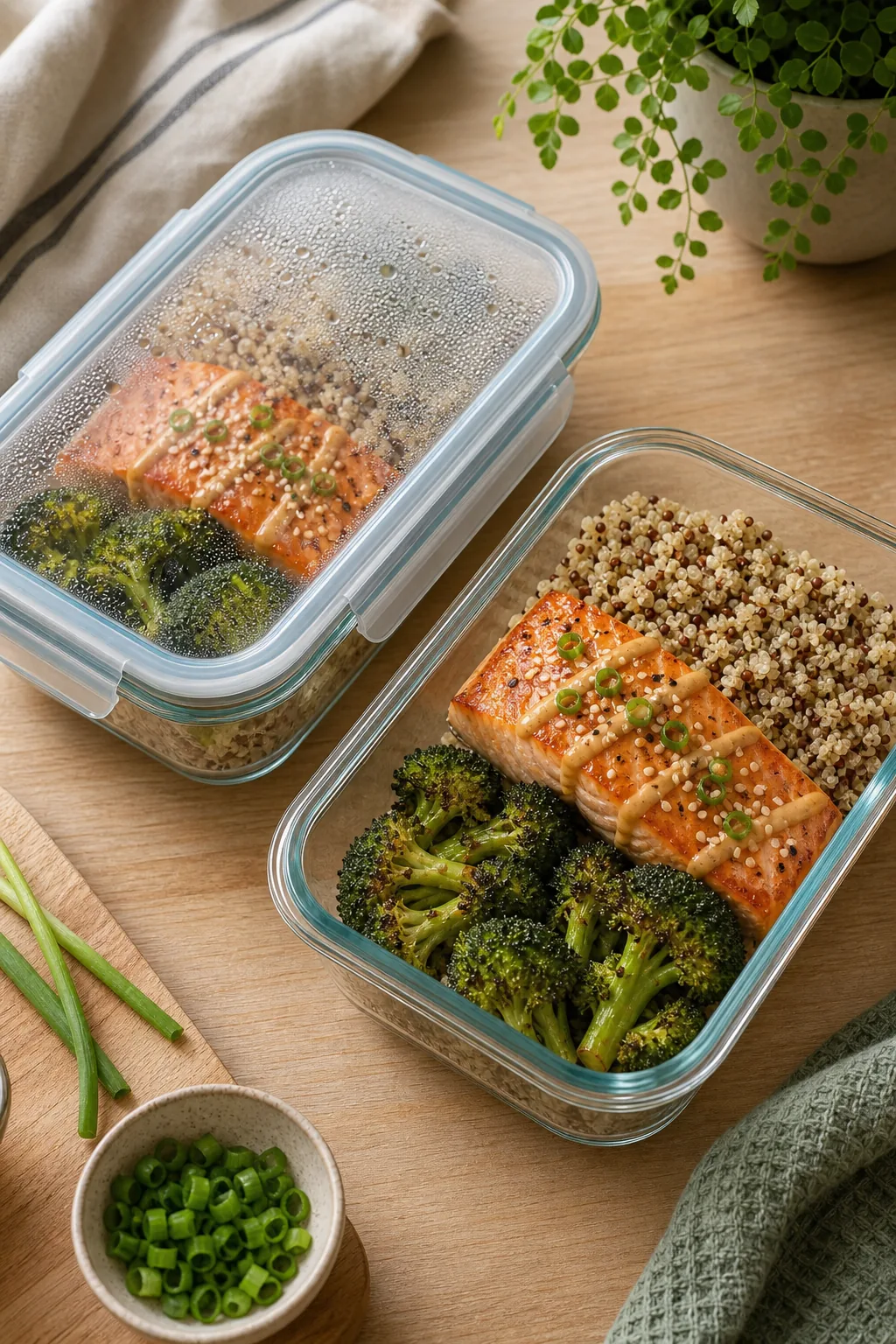Two rectangular glass containers filled with cooked salmon, quinoa, and broccoli; one has a snapped-on lid.