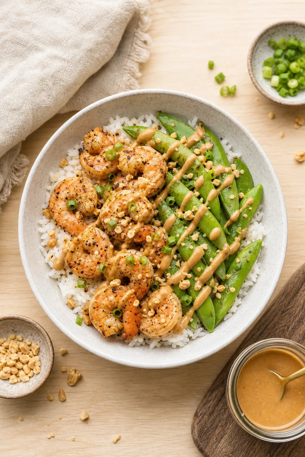 Ceramic bowl filled with white rice, roasted shrimp, snap peas, and a peanut sauce drizzle.