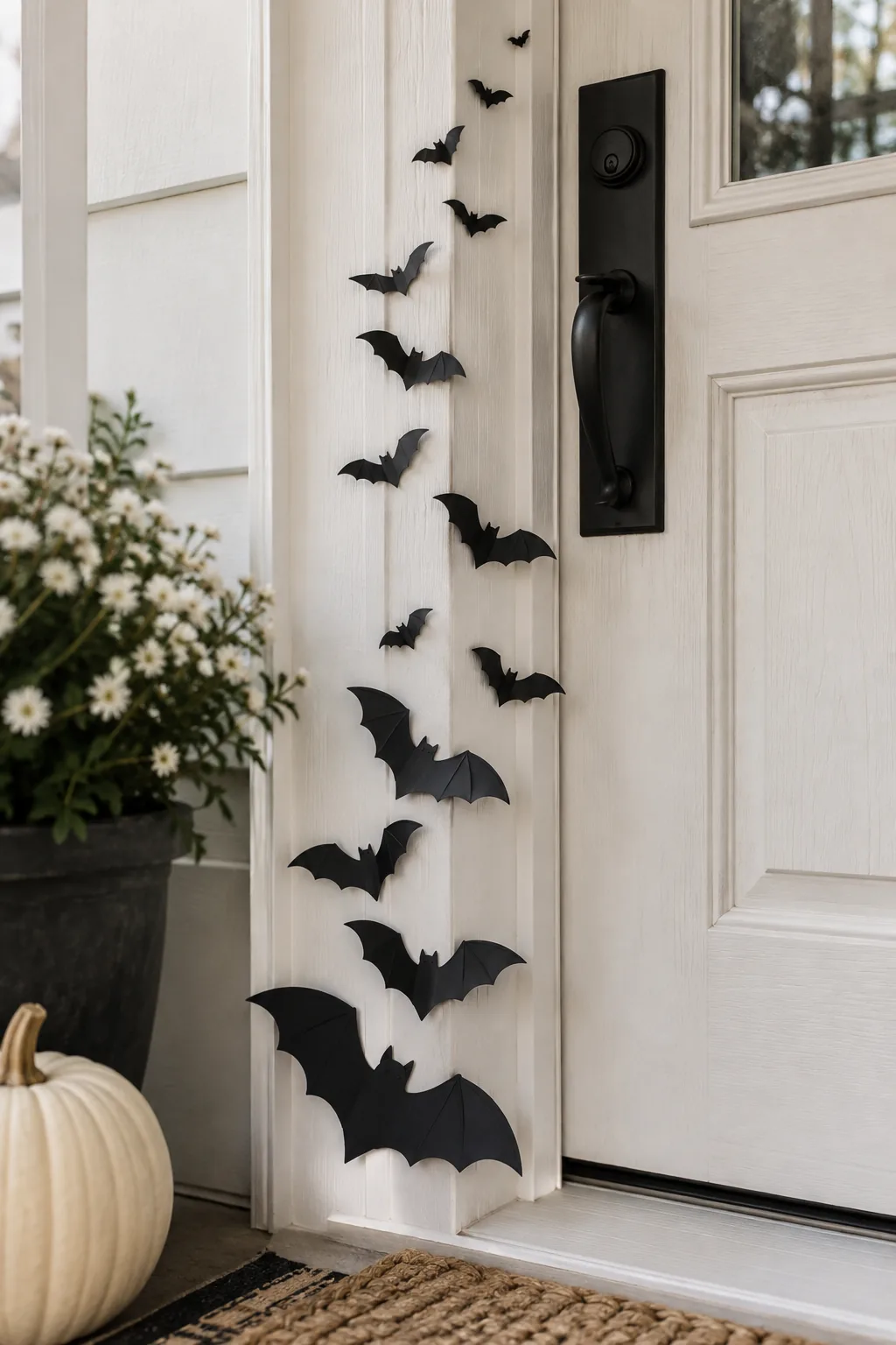 Front door surrounded by black paper bats taped to the wall in a flying pattern