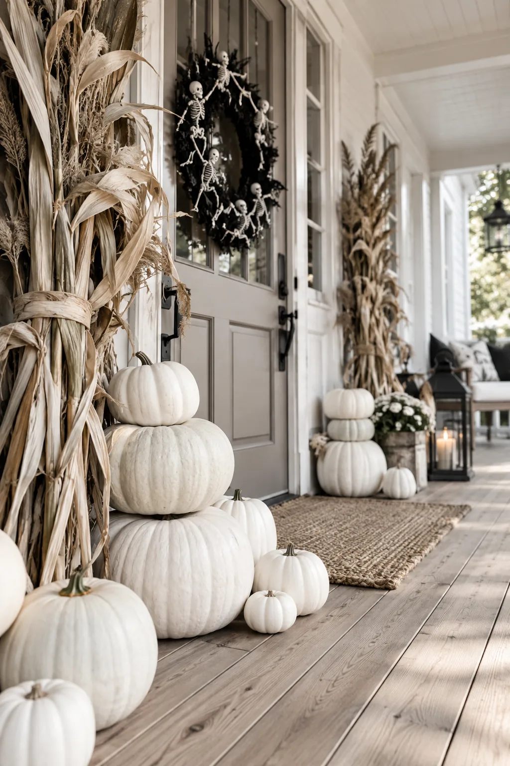 White front door decorated with white pumpkins, pale corn stalks, and a black wreath