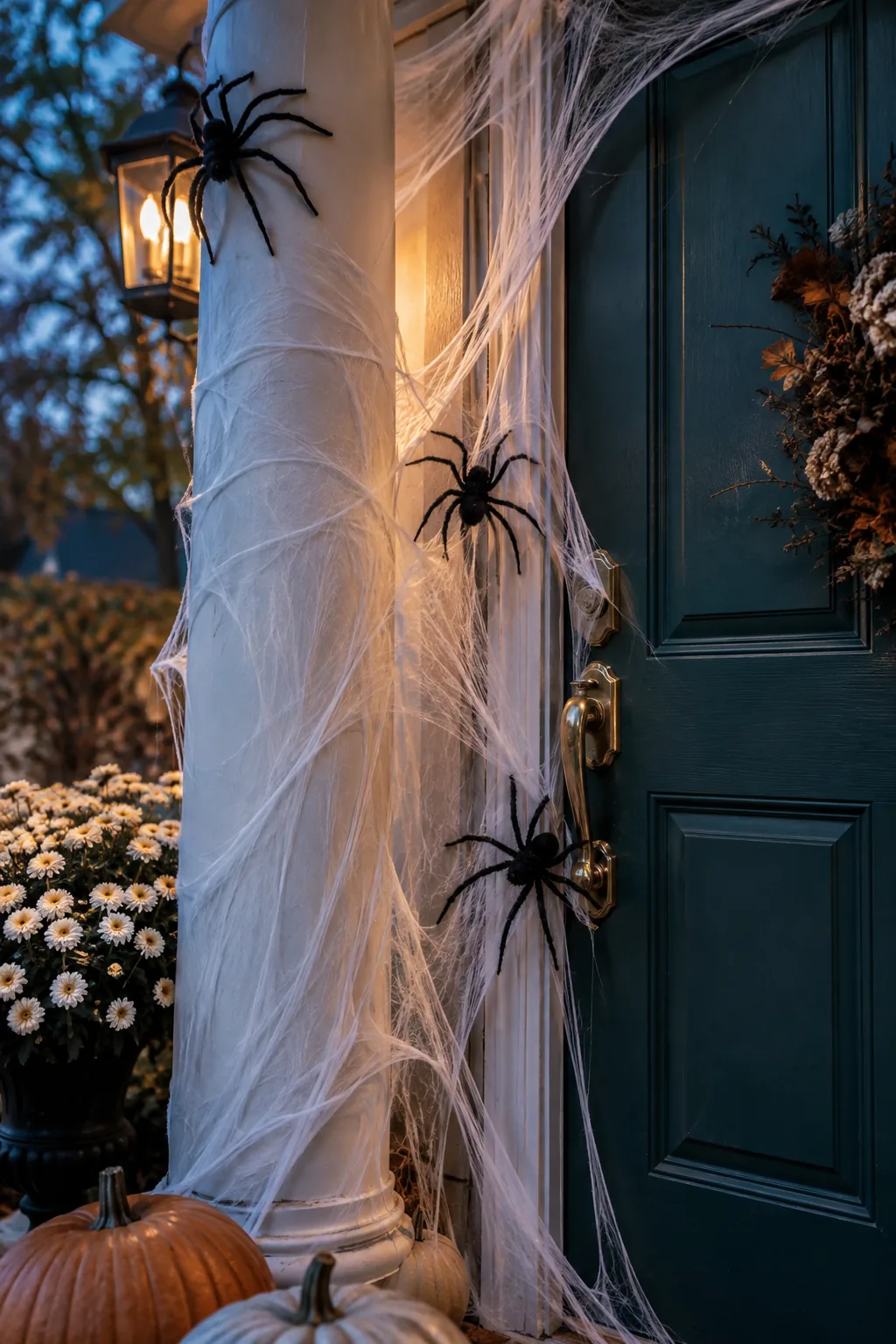 Front porch columns and door frame covered in stretched thin fake spider webs with large plastic spiders