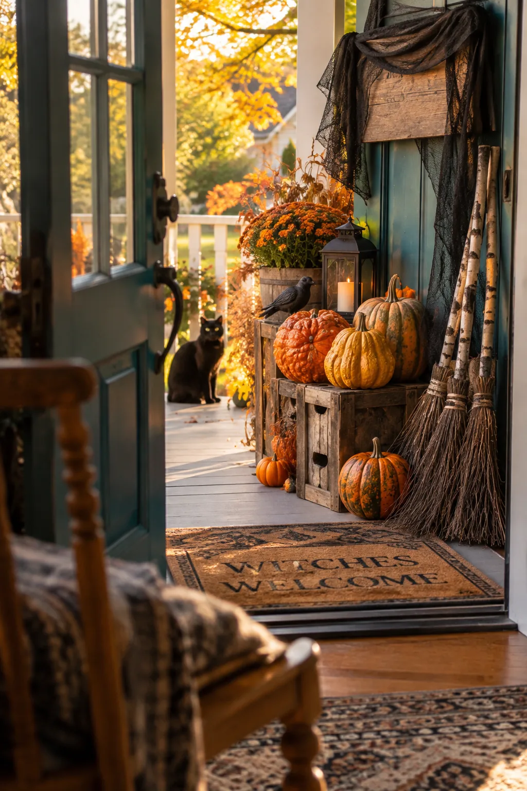 Front door styled with birch brooms, vintage crates, heirloom pumpkins, and black cheesecloth