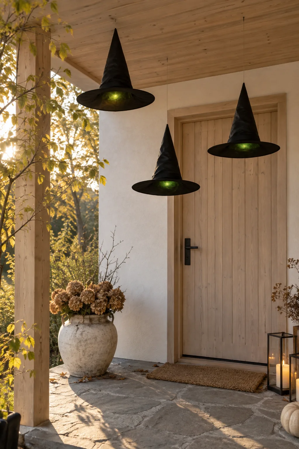 Three black witch hats hanging from a porch ceiling by invisible fishing line