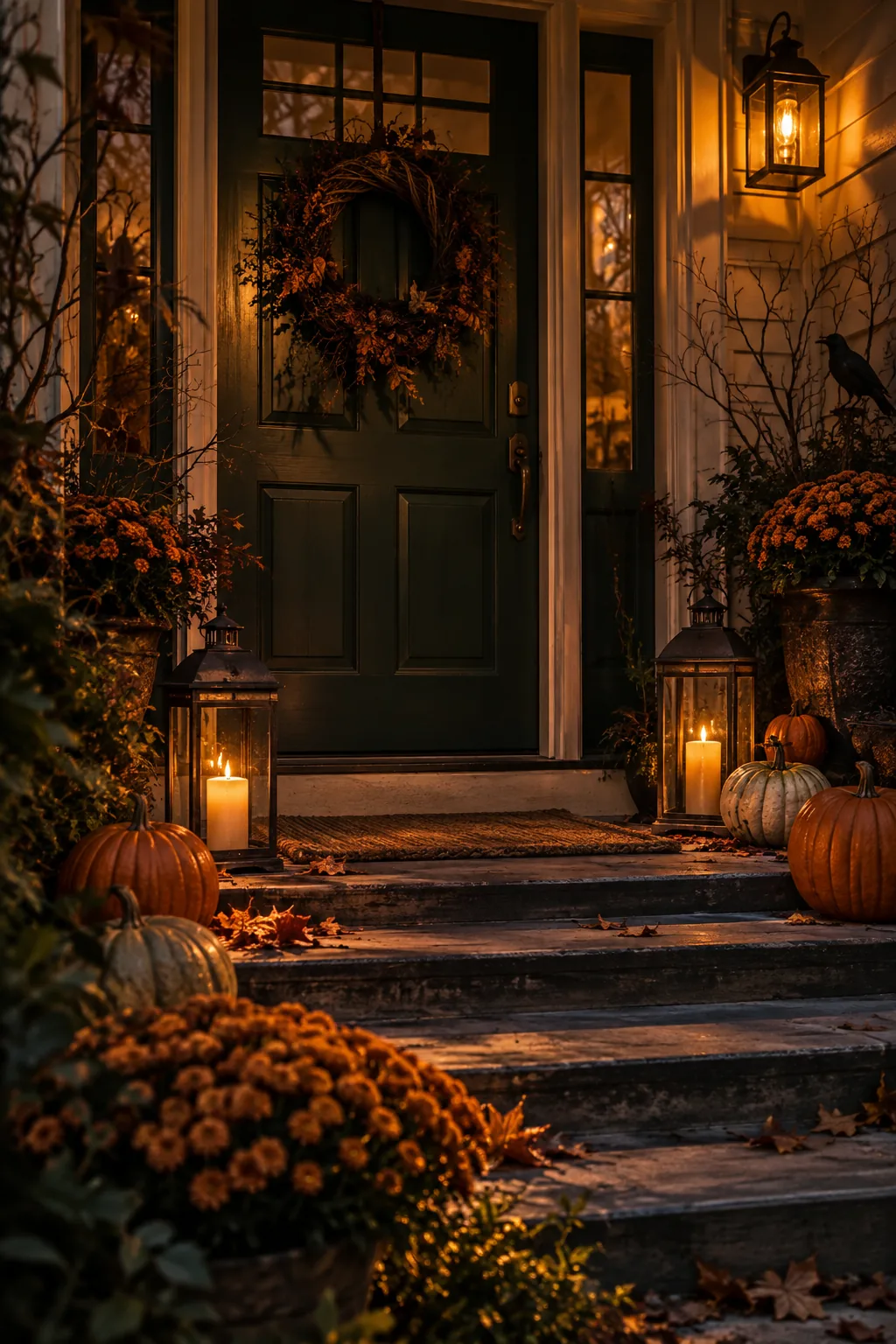 Front door illuminated by flickering flame-effect bulbs and distressed metal floor lanterns